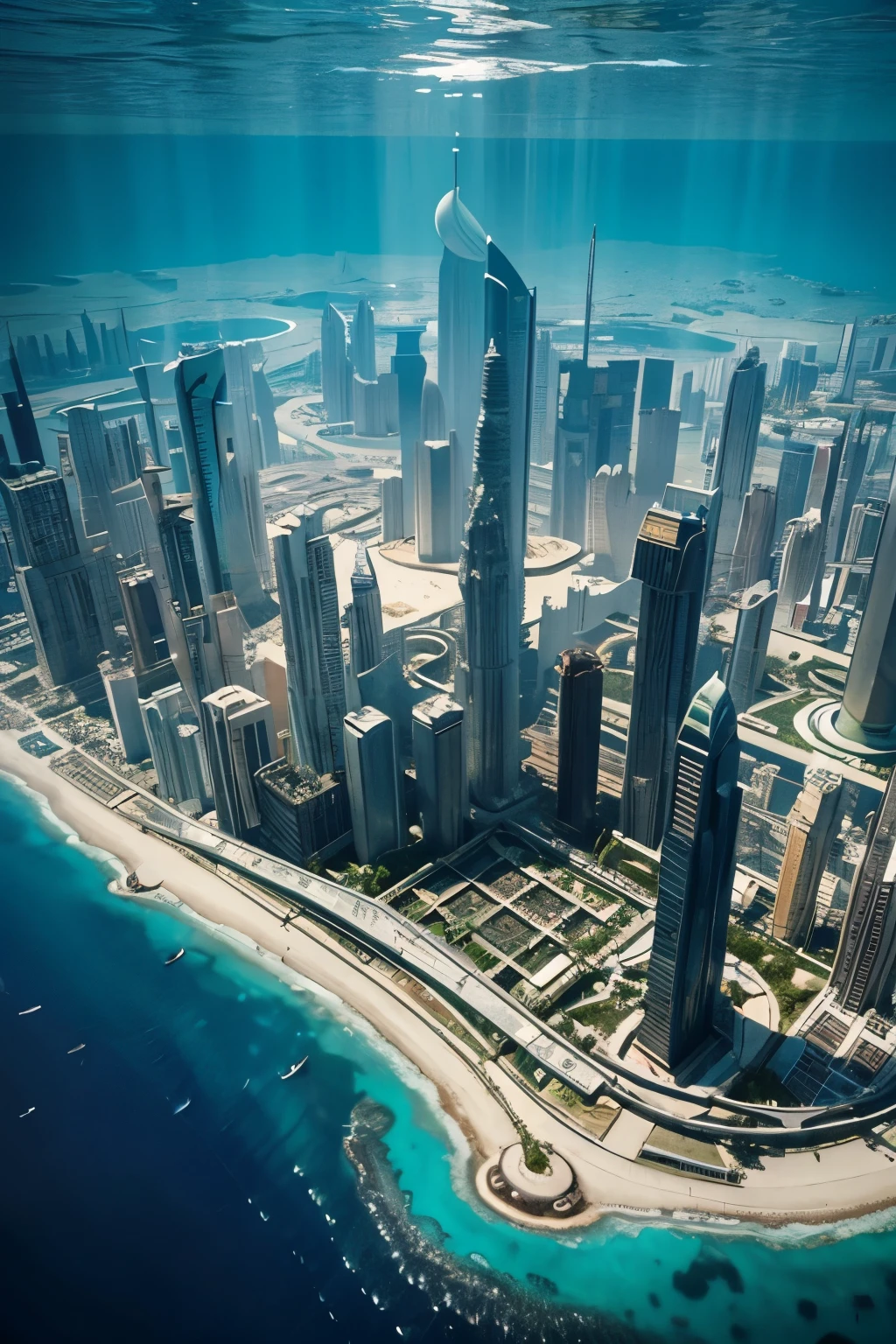 Overlooking the underwater city，Science Fiction，The Lost City of Atlantis，Large cities，Drone view