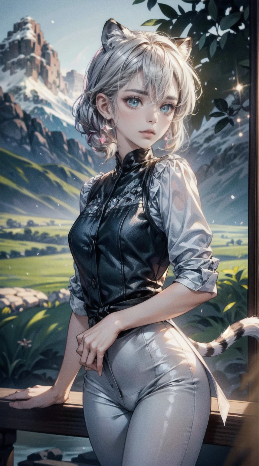 1girl, (((a portrait of the most beautiful girl))), (beautiful face), ultra detailed lips, (beautiful lips), ultra detailed eyes, (beautiful eyes), detailed hair, (beautiful hair), (beautiful neatly styled hair), (small breast), (small vagina), (beautiful ideal proportion body), beautiful detail body, best quality, masterpiece, ultra-high quality, ultra-high resolution, HDR, 8K, cinematic lighting, detail shadows, intricate shadow, Ray tracing, film grain, glare, bokeh, wind, look at viewer, Sharp focus, (hyperdetailed:1.15), (cowboy shot:1.5), (close up), (standing), solo, beautiful angle body facing side way in front of the viewer, a beautiful white tiger villager human with teal eyes, both with beautiful three eyelashes each, beautiful small slanted black eyebrows. beautiful inside pink ears, beautiful outside white tips of purple ears, along with her beautiful tail, beautiful four black dots around each half of her snout whiskers, beautiful build of a tiger, she has beautiful spot patterns that resemble a snow leopard with navy blue tips on her ears and tail, beautiful initial shirt is a red down vest with a beautiful front-tie button-down shirt, BEAUTIFUL SPARKLE AURA BODY, beautiful Very tight press body clothes, Crop out open burst clothes, Crop out open burst side body clothes, (beautiful snow mountains in the summer surrounding background)