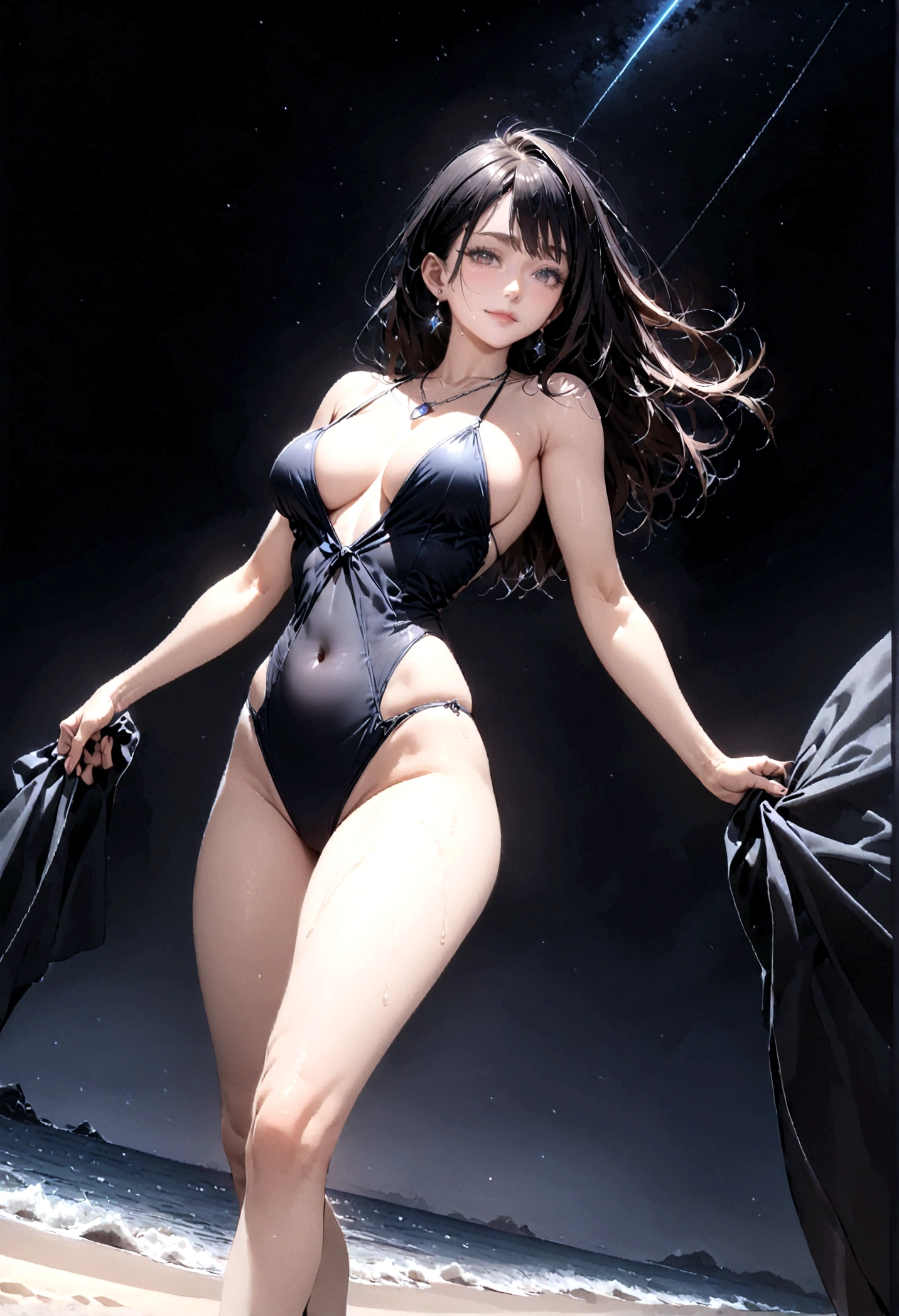 8k, masterpiece, RAW Photos, highest quality, Realistic, Very detailed, Depth of written boundary, Cinematic Light, Anatomically correct body,
One beautiful 40 year old woman, Very beautiful face, Exquisitely detailed face, (A calm and gentle face:1.4), Very delicate skin texture, Transparent muscle, Shiny white skin, Glamorous Body,
(Wavy black long hair:1.2), Sexy Breasts, Sexy ass,
(Swimsuit with emphasis on breasts:1.2), (Detailed cloth texture:1.2), (Gorgeous necklace:1.1), (Gorgeous earrings:1.1),
(Dark starry background:1.4), (Milky Way:1.1), (milky way:1.1), (shooting star:1.1), (Dark coastline at night:1.4), (Pitch black sea surface:1.4),
(Standing on the beach:1.2),
(Low angle shot:1.3),