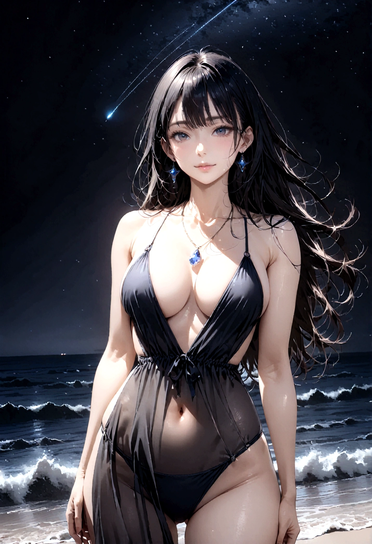 8k, masterpiece, RAW Photos, highest quality, Realistic, Very detailed, Depth of written boundary, Cinematic Light, Anatomically correct body,
One beautiful 40 year old woman, Very beautiful face, Exquisitely detailed face, (A calm and gentle face:1.4), Very delicate skin texture, Transparent muscle, Shiny white skin, Glamorous Body,
(Wavy black long hair:1.2), Sexy Breasts, Sexy ass,
(Swimsuit with emphasis on breasts:1.2), (Detailed cloth texture:1.2), (Gorgeous necklace:1.1), (Gorgeous earrings:1.1),
(Dark starry background:1.4), (Milky Way:1.1), (milky way:1.1), (shooting star:1.1), (Dark coastline at night:1.4), (Pitch black sea surface:1.4),
(Standing on the beach:1.2),
(Low angle shot:1.3),