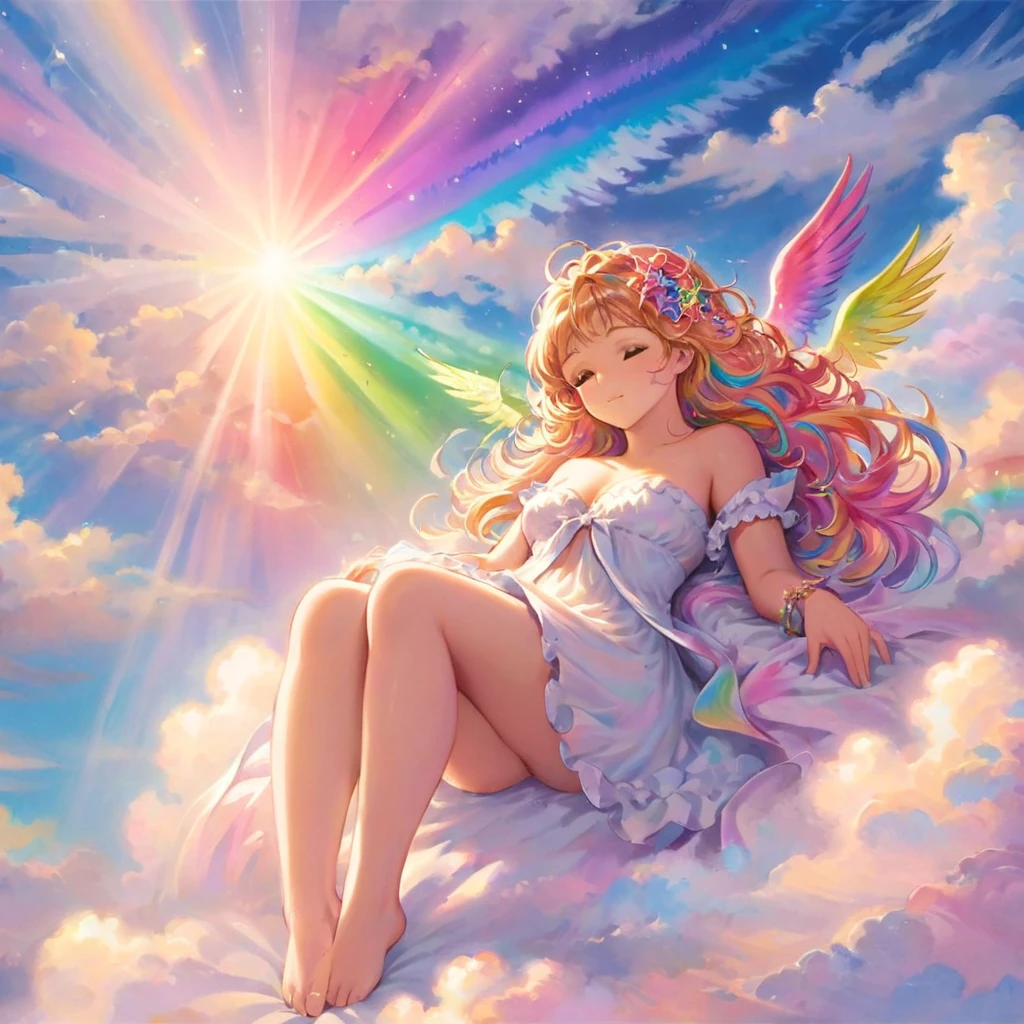 A stunningly ethereal woman, composed of a dazzling array of rainbow hues, reclines gracefully at the end of a radiant rainbow amidst the fluffy clouds in the sky. Bathed in dynamic and enchanting lighting, accentuates her vibrant, full-bodied form. Fantasy art. Masterpiece 