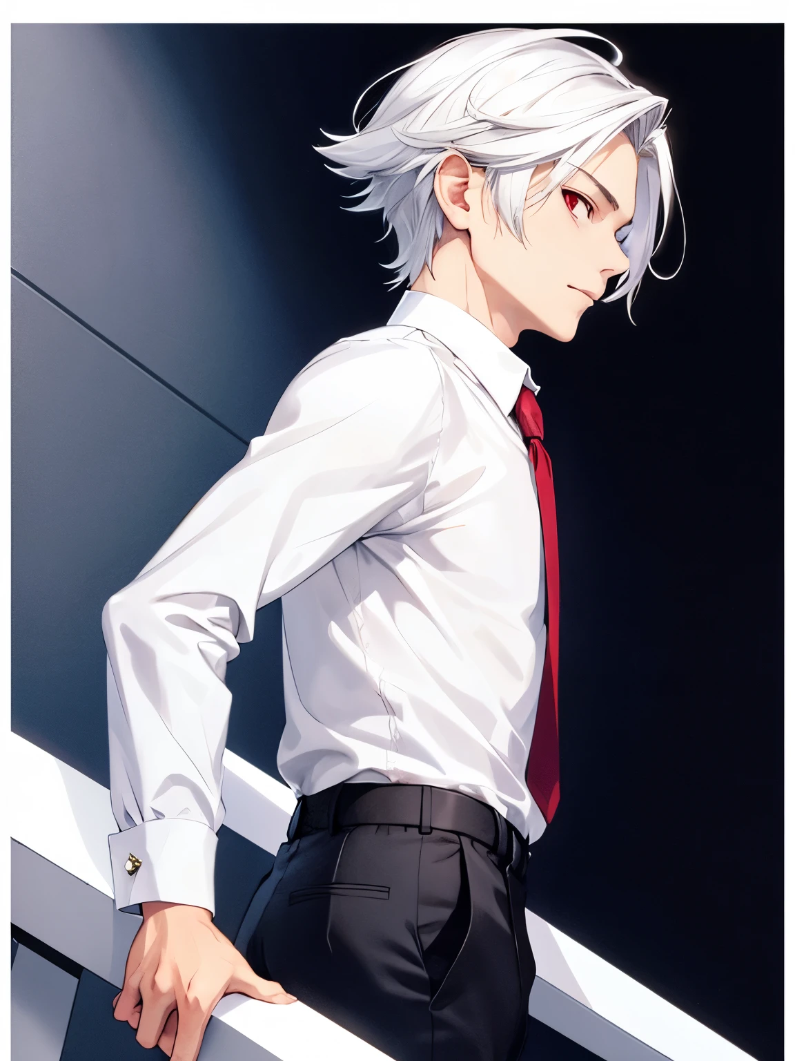 1boy,Standing,cool style,side parted hair,18 years old,Standing,Facing right,Camera angle from the side, photo from the side, looking away,red eyes,Long sleeve shirt, white shirt, white trousers,close up photo,handsome,side parted hair,short hair, straight hair, white hair, vampire, ultra detailed, ultra HD