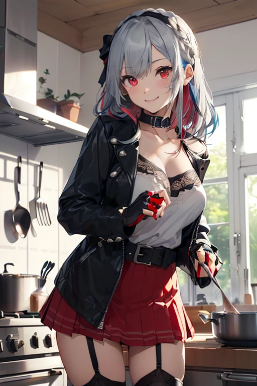 ((Highest((masterpiece, Highestquality, High resolution)), Depth of written boundary, 
break, One girl, standing behind the kitchen, (cooking:1.3), smile, 
break, (indoor, kitchen), 皿に盛られたcooking,     
break, (Thank you Chloe, Garter Straps, Fingerless gloves, Torn knee socks, Grey Hair, Multicolored Hair, Checked skirt, chestの谷間, x Hair accessories, Red Skirt, Black collar, White camisole, chest, Braiding, Black belt, Long Hair, Black jacket), ((Red eyes)), ((Beautiful fine details))quality)), ((masterpiece)), (detailed), One girl, sexy
