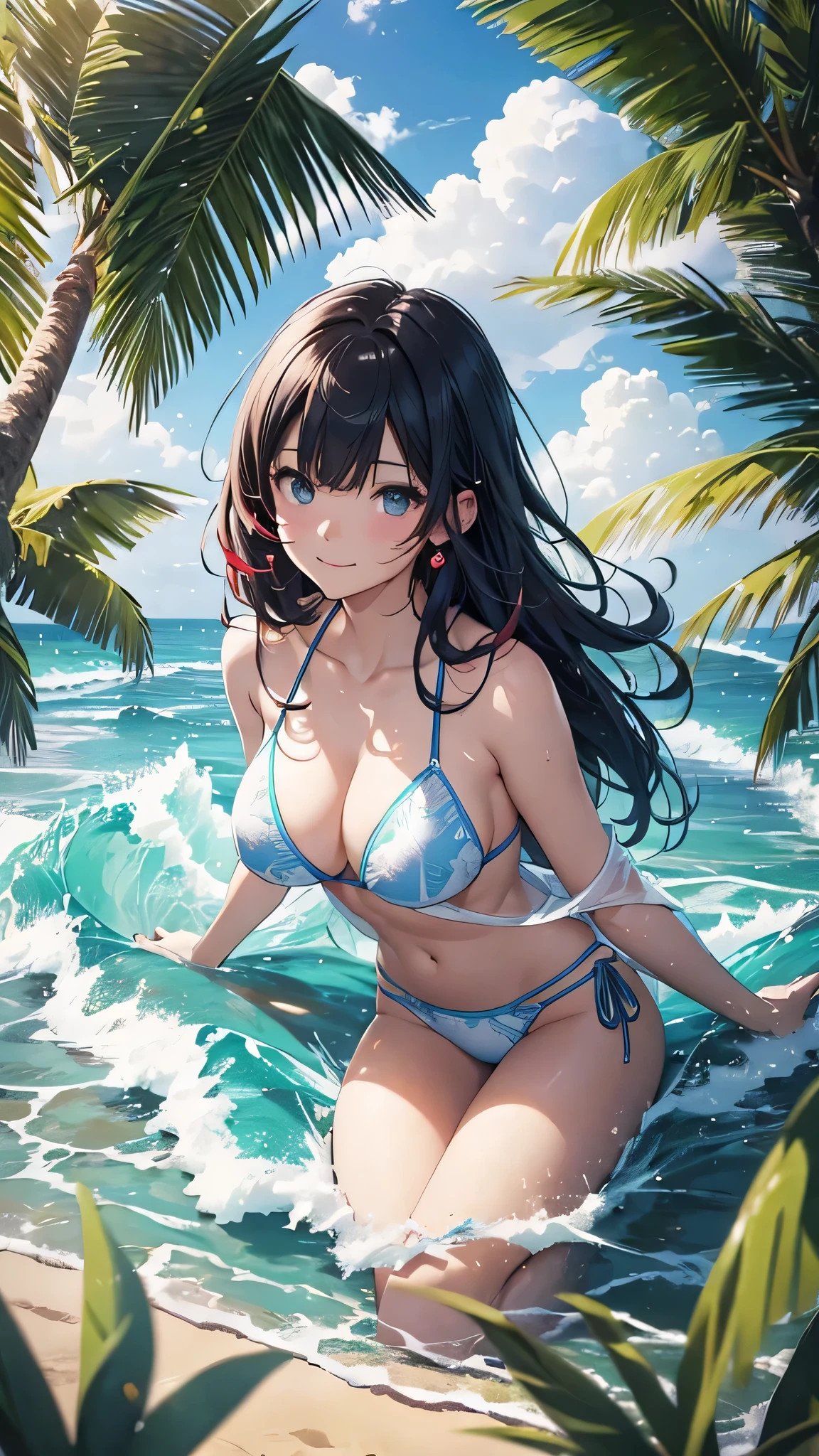 Highest quality、Highest quality、Masterpiece、girl((20-year-old、as soon as、Highest Bust、Medium Bust、Wide open chest、Red glowing eyes、Light Blue Hair、Disheveled Hair、Loincloth、thin、The best valley、Open chest、Full body view、White see-through、White Bikini、Lying down、Completely naked、Smile))、high quality、Beautiful Art、background((Ocean、Wave、beach、Palm tree))、flight、Flying Debris、Depth of text、movie、Visual Arts、Perfect Art、8K、Genuine、Special Angles