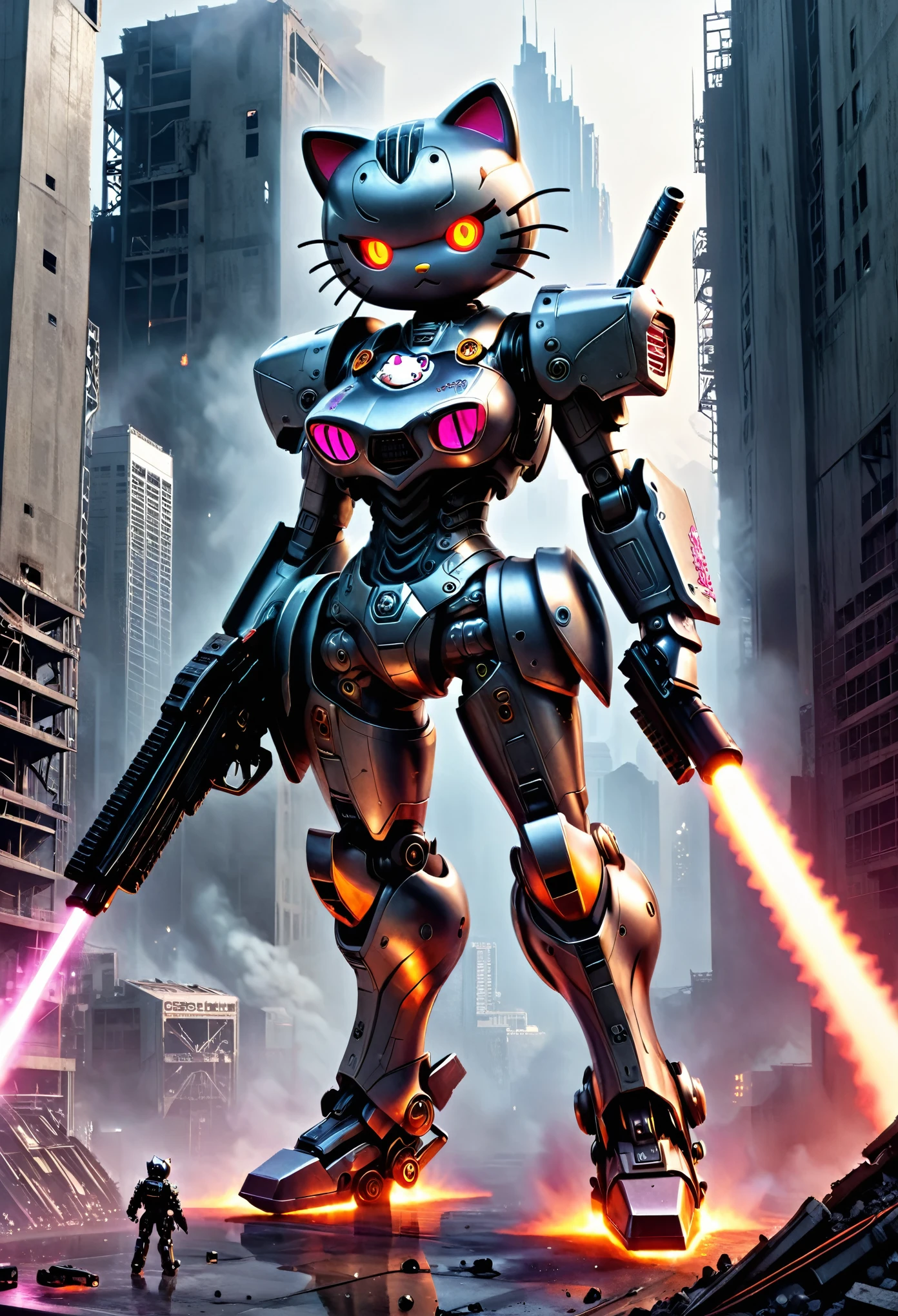 High Resolution, High Quality , Masterpiece .Cyber Hello Kitty-mecha towering over a smoldering cityscape, feet imprints carved into steel and concrete, brandishes a futuristic laser machinegun, armor plated in acrylic, joints fluid with molten metal, eyes alight with sinister embers, adorned with eerie scars, hyper-realistic, octane rendering, a chilling blend of cool hues, in a magnificent 32k resolution, transforming