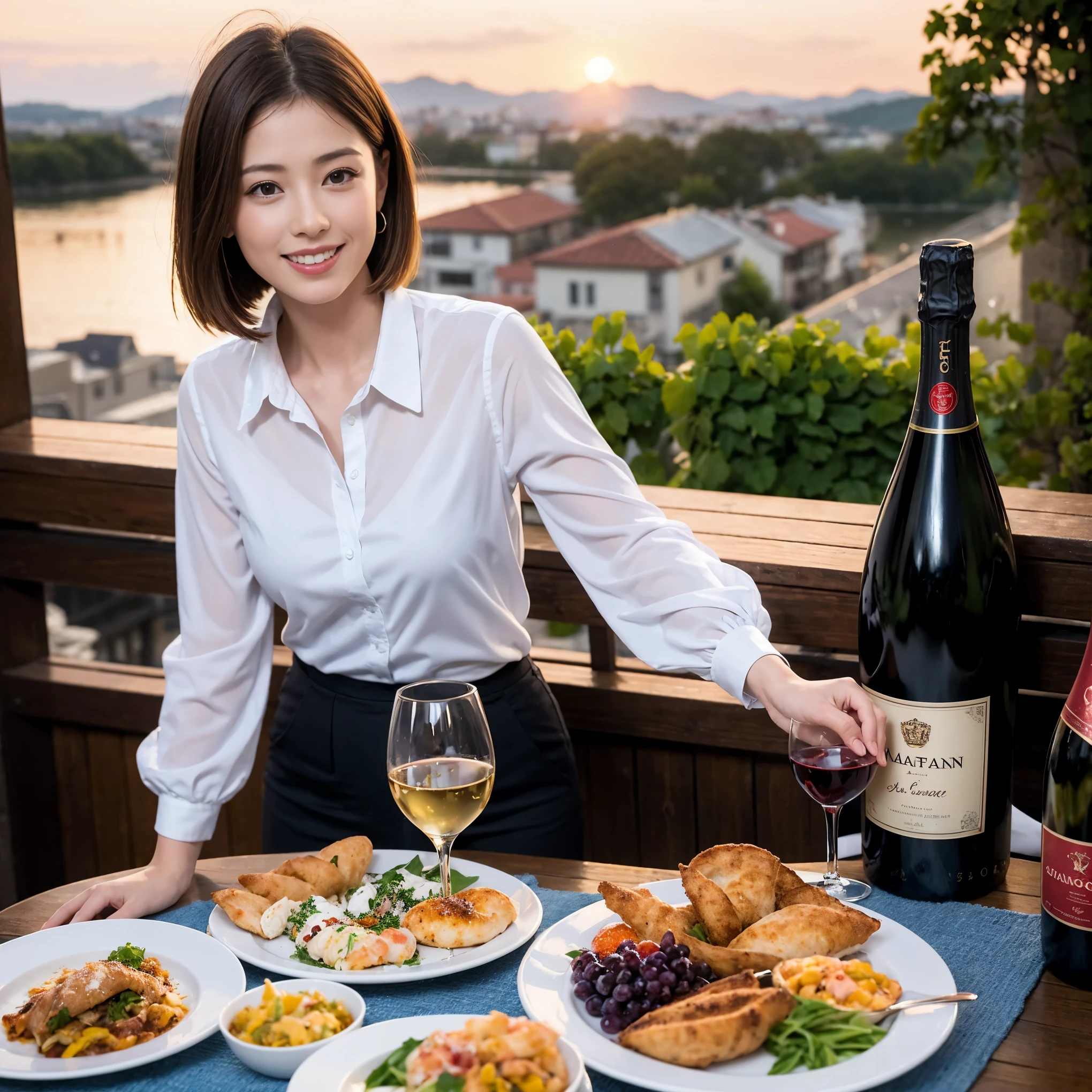 ((highest quality、8k、masterpiece:1.3))、1 male、1 female、A lover who resembles Satomi Ishihara、Beautiful couple、smile、full-course dinner、 (Slim face), (the body is スリム), (Brown Hair), (short hair), テーブルの上のwine glass、Please shine a light on my face、 Amazing view of the sunset sky and clouds、 (Age 43), 46 years old, red wine 、Appetizers、Italian food、Wine bottle、Champagne、sparkling wine、Long sleeve shirt、dress、White wine, red wine, wine glass,