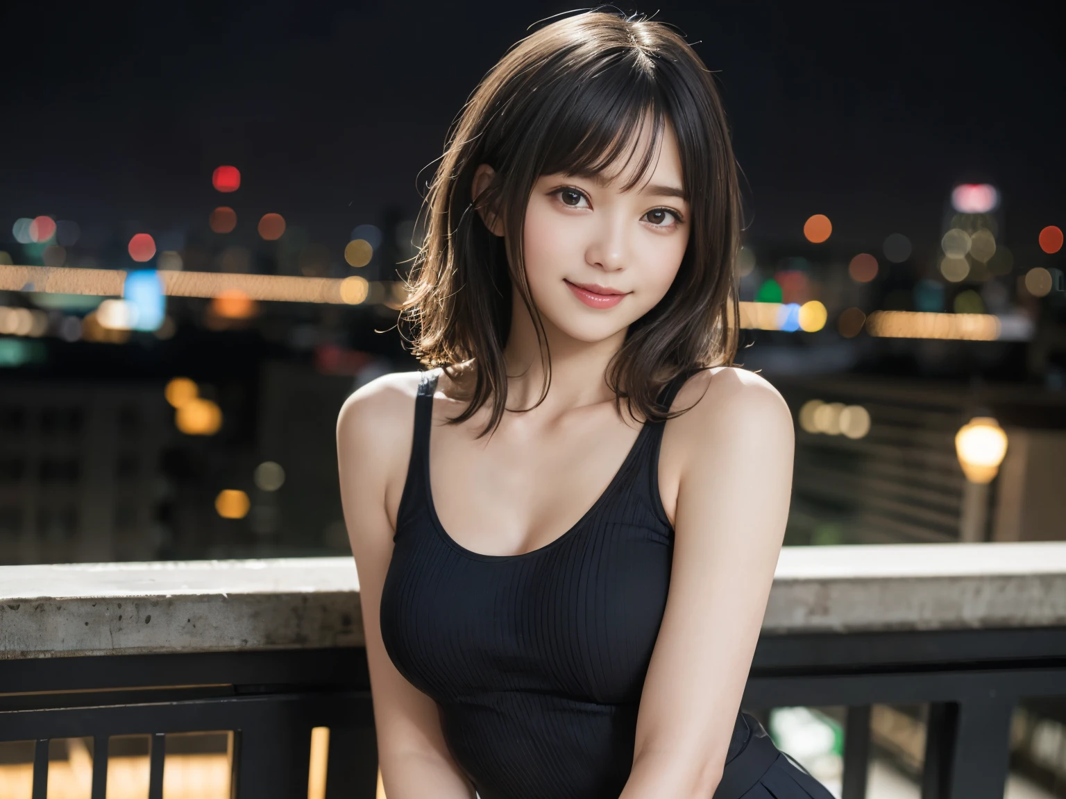 (Realistic: 1.4), (highest quality: 1.4), Ultra-high resolution, (fine grain),Full Body Shot,((Pose for gravure photography)),1. High school girl、Curly Hair、Curly Hair、(Straight bangs)、,1 girl, Tokyo, night, Cityscape, City lights, Black camisole,Black pleated skirt, smile, (8k, RAW Photos, highest quality, masterpiece: 1.2), (Genuine, photoGenuine: 1.37),smile,Idol,