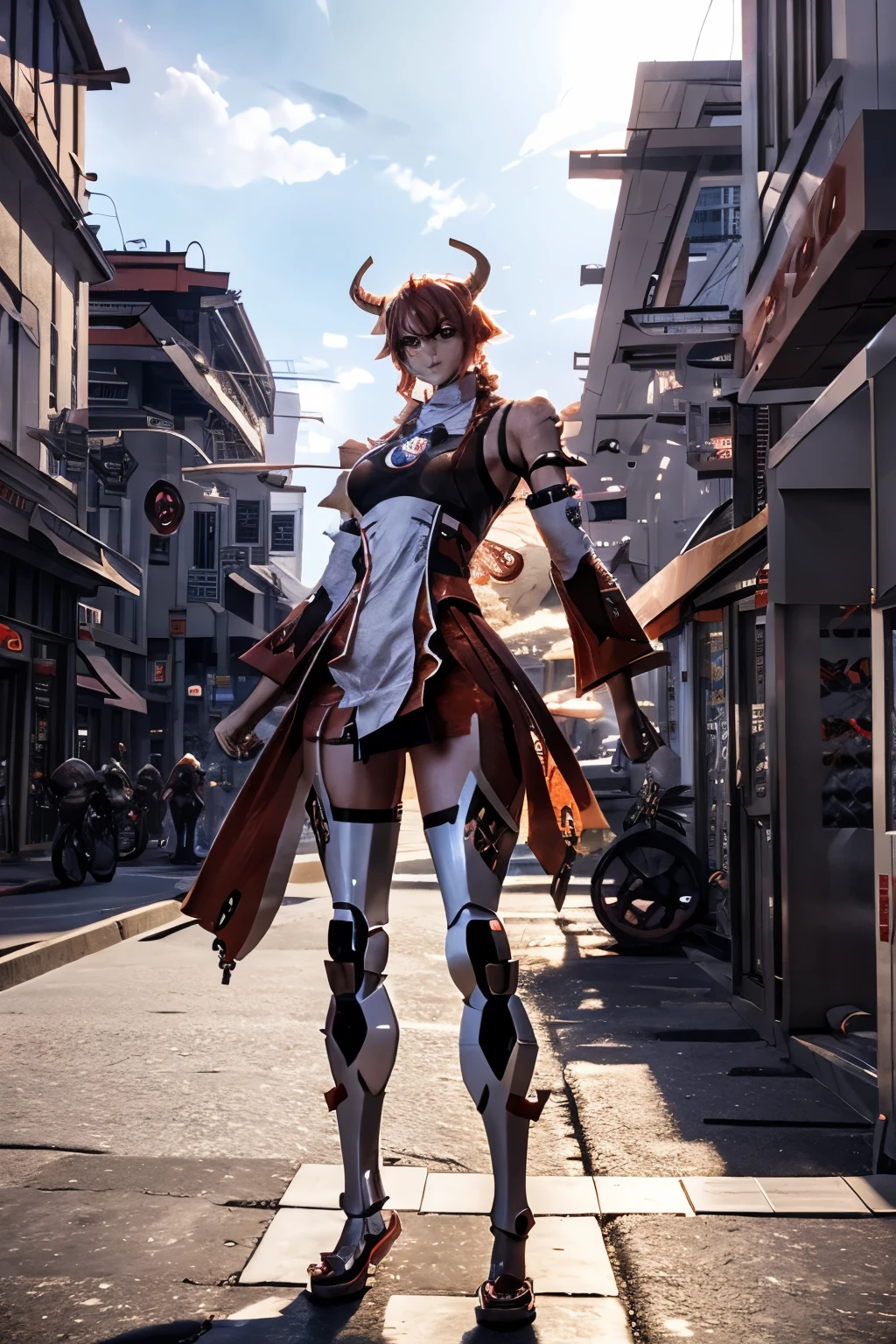 (Demon God Mecha, 3D rendering), background city street center, clear HD, 8K resolution, very detailed, digital painting, concept art, Shinkai Makoto style, pop popularization trend, pop, pop trend on pixiv.
