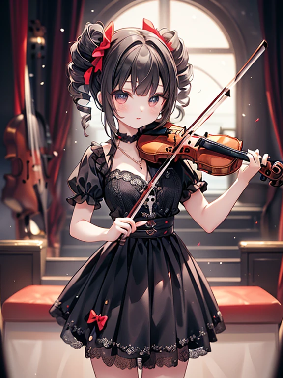 masterpiece, highest quality, Very detailed, 16k, Ultra-high resolution, -yeld gi Detailed face, Perfect Fingers, Anatomically correct, black eye, Black Hair, Long Hair, Drill Hair, (mega twin drills:1.5), (Red dress:1.5), Shoulder-to-shoulder clothing, Skirt with a widened hem, necklace, stage, (violin:1.5), (少女はviolinを演奏する:1.5)