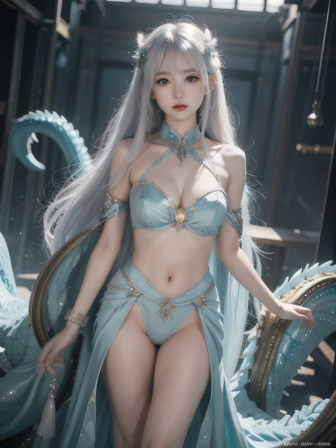 ((best quality)), ((masterpiece)),,((ultra-detailed)), extremely detailed CG, , (an extremely delicate and beautiful), 1girl, solo, ((cute face)),(beautiful detailed eyes), red eyes,white hair, shiny hair, colored inner hair,Ice rose,Ice hair ornaments,adorns,, [ice crystal],, crystal,((floating hair)), ((caustic)),((disheveled hair))"((best quality)), ((masterpiece)), ((ultra-detailed)), extremely detailed CG, (a serene and elegant), 1girl, solo, full body view, ((cute face)), (beautiful detailed eyes)((best quality))((best quality)), ((masterpiece)), ((ultra-detailed)), extremely detailed CG, (a powerful and regal), 1girl, solo, full body view, ((cute face)), (beautiful detailed eyes)girl model in a crystal dragon-themed suit. The suit should be dazzling, with a crystalline appearance in shades of turquoise and white, featuring sharp, faceted patterns. Radiant flames should emanate from her suit, glowing with a pure, crystalline light. She should be standing in an elegant pose, with a backdrop of a sparkling crystal cave. The atmosphere should be both beautiful and powerful, evoking the purity and strength of a crystal dragon.NSFW