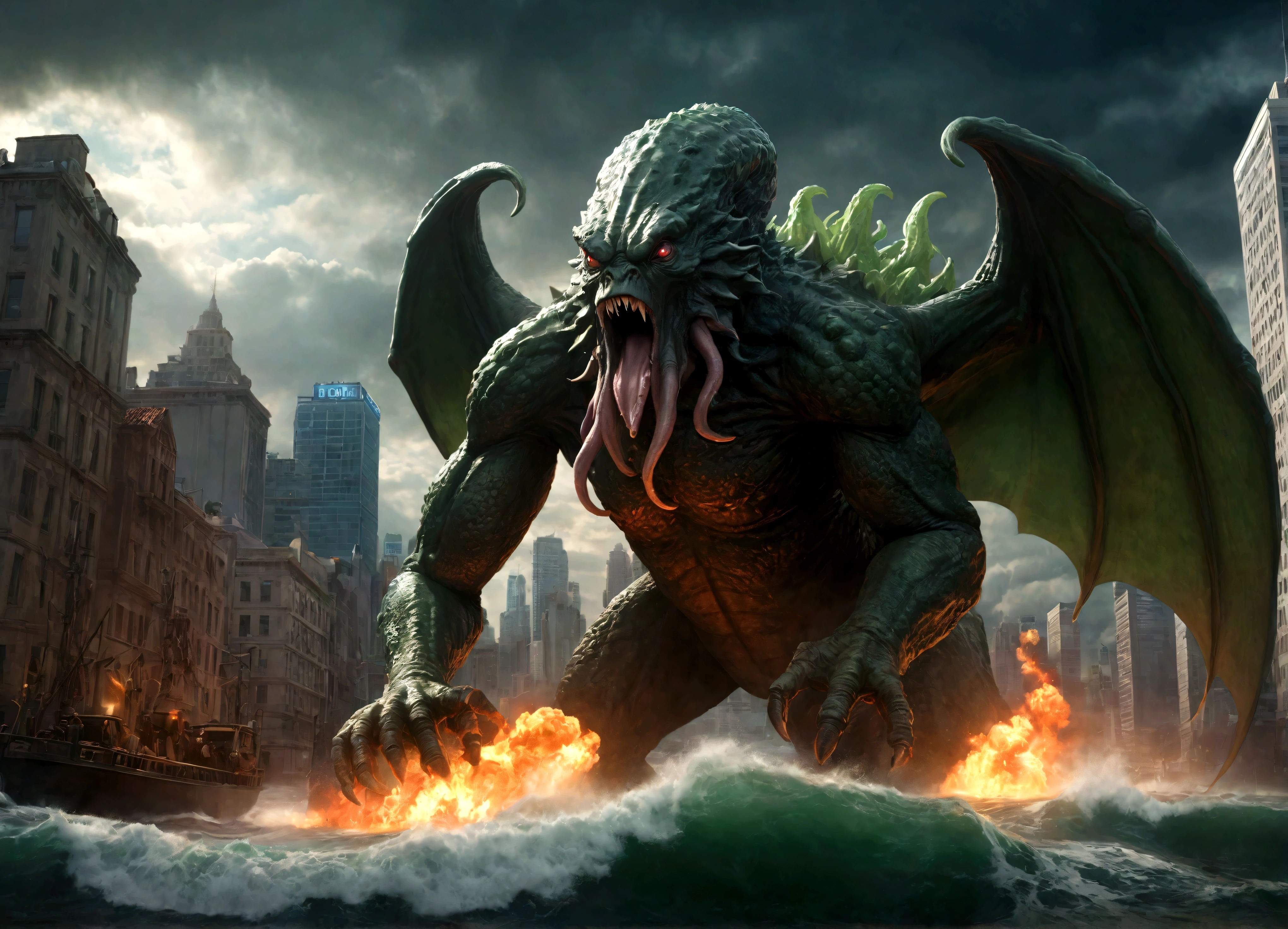 (subject 1: a massive terrifying ancient eldritch horror creature cthulhu,cthulhu approaching a city,cthulhu emerging from the ocean),(subject 2: godzilla,godzilla rampaging in a city,godzilla breathing nuclear fire),epic clash between ancient monsters,dark ominous stormy sky,glowing nuclear energy,dramatic lighting,cinematic composition,highly detailed,photorealistic,8k,unreal engine,studio lighting