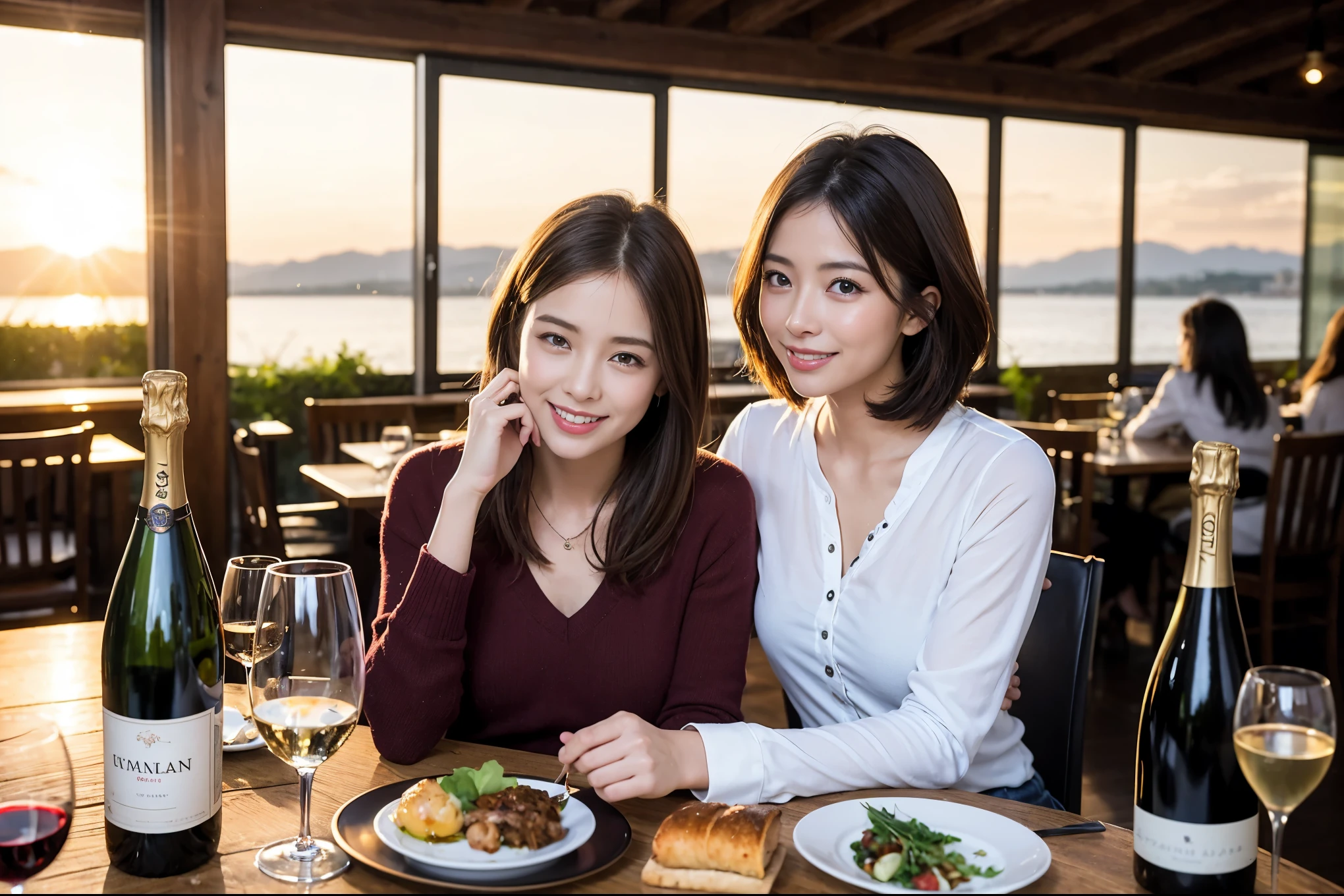 ((highest quality、8k、masterpiece:1.3))、1 male、1 female、A lover who resembles Satomi Ishihara、Beautiful couple、smile、full-course dinner、 (Slim face), (the body is スリム), (Brown Hair), (short hair), テーブルの上のwine glass、Please shine a light on my face、 Amazing view of the sunset sky and clouds、 (Age 43), 39 years old, red wine 、Appetizers、Italian food、Wine bottle、Champagne、sparkling wine、Long sleeve shirt、dress、White wine, red wine, wine glass,