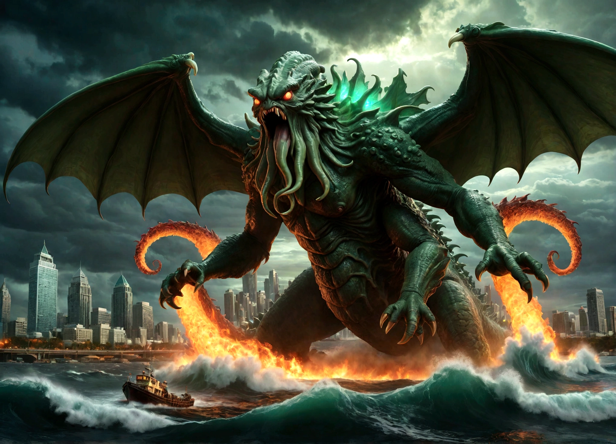 (subject 1: a massive terrifying ancient eldritch horror creature cthulhu,cthulhu approaching a city,cthulhu emerging from the ocean),(subject 2: godzilla,godzilla rampaging in a city,godzilla breathing nuclear fire),epic clash between ancient monsters,dark ominous stormy sky,glowing nuclear energy,dramatic lighting,cinematic composition,highly detailed,photorealistic,8k,unreal engine,studio lighting