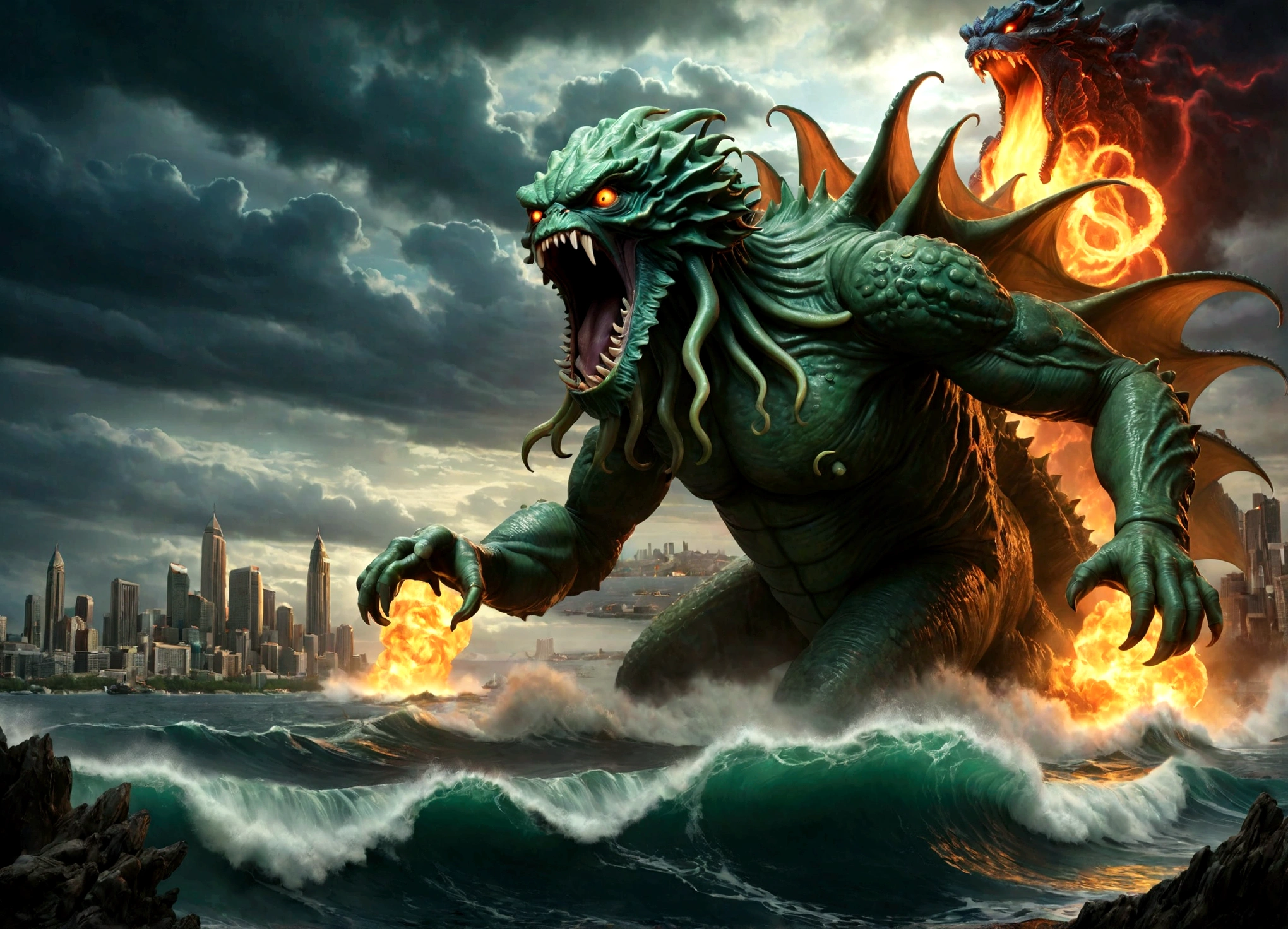 (subject 1: a massive terrifying ancient eldritch horror creature cthulhu,cthulhu approaching a city,cthulhu emerging from the ocean),(subject 2: godzilla,godzilla rampaging in a city,godzilla breathing nuclear fire),epic clash between ancient monsters,dark ominous stormy sky,glowing nuclear energy,dramatic lighting,cinematic composition,highly detailed,photorealistic,8k,unreal engine,studio lighting