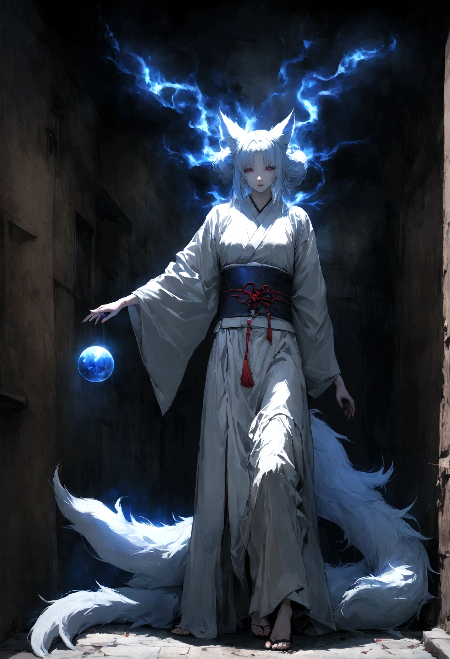Create a hyper-realistic image of Kitsune-bi Yokai, a fox demon appearing as a floating ball of blue-white flame, depicted from head to toe in a human-like form wearing a traditional kimono. The demon is standing in a bizarre, ethereal posture. The background should be a modern urban setting, such as a dimly lit alley or a quiet, deserted square, commonly used in horror movies. The scene should be as detailed as possible, creating a live-action effect with a Japanese horror movie aesthetic."