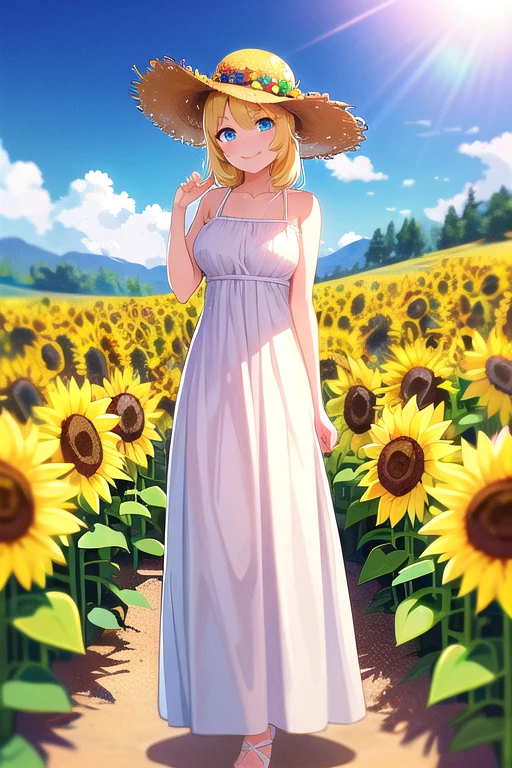 ((highest quality)), ((masterpiece)), (detailed), Perfect Face, anime, Ultra-fine illustration, ((1 person)), Cute girl, smile, Sunflower field, summer, ((Cute long dress)), Straw hat, Blonde, Blue Eyes, Full Body Shot,