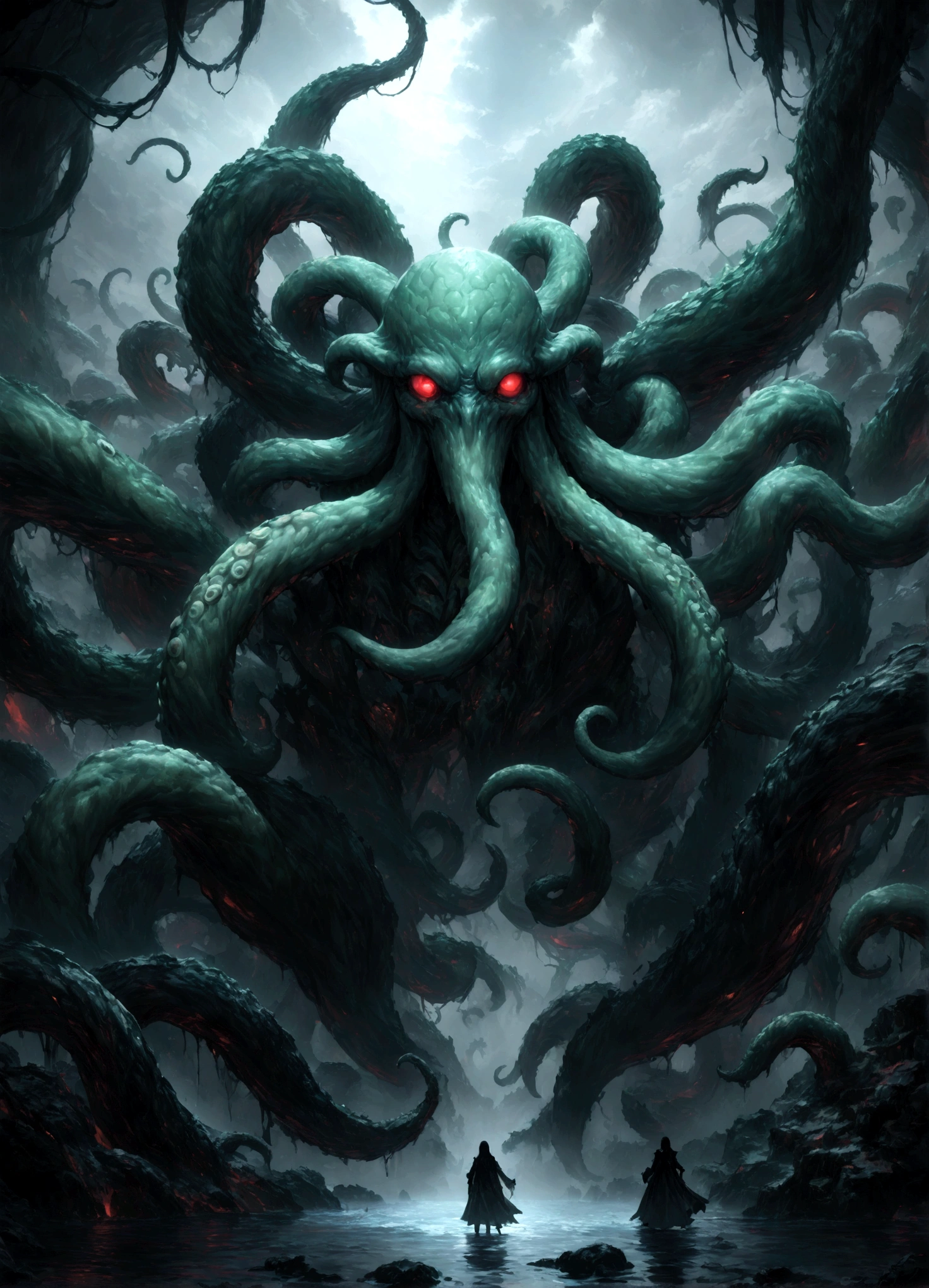 A dark fantasy scene depicting the terrifying creature Cthulhu, emerging from the abyss. The monstrous figure, shrouded in shadows, has large, menacing tentacles reaching out toward the viewer. The atmosphere is eerie and foreboding, with a stormy, nightmarish sky filled with swirling dark clouds. The sea below is turbulent and foamy, reflecting the chaos above. Dim, ghostly lights illuminate parts of Cthulhu’s form, enhancing the horror. The viewer feels an intense sense of dread as the tentacles draw nearer, creating a gripping, immersive experience.,(masterpiece:1.3),(highest quality:1.4),(ultra detailed:1.5),High resolution,extremely detailed,unity 8k wallpaper,