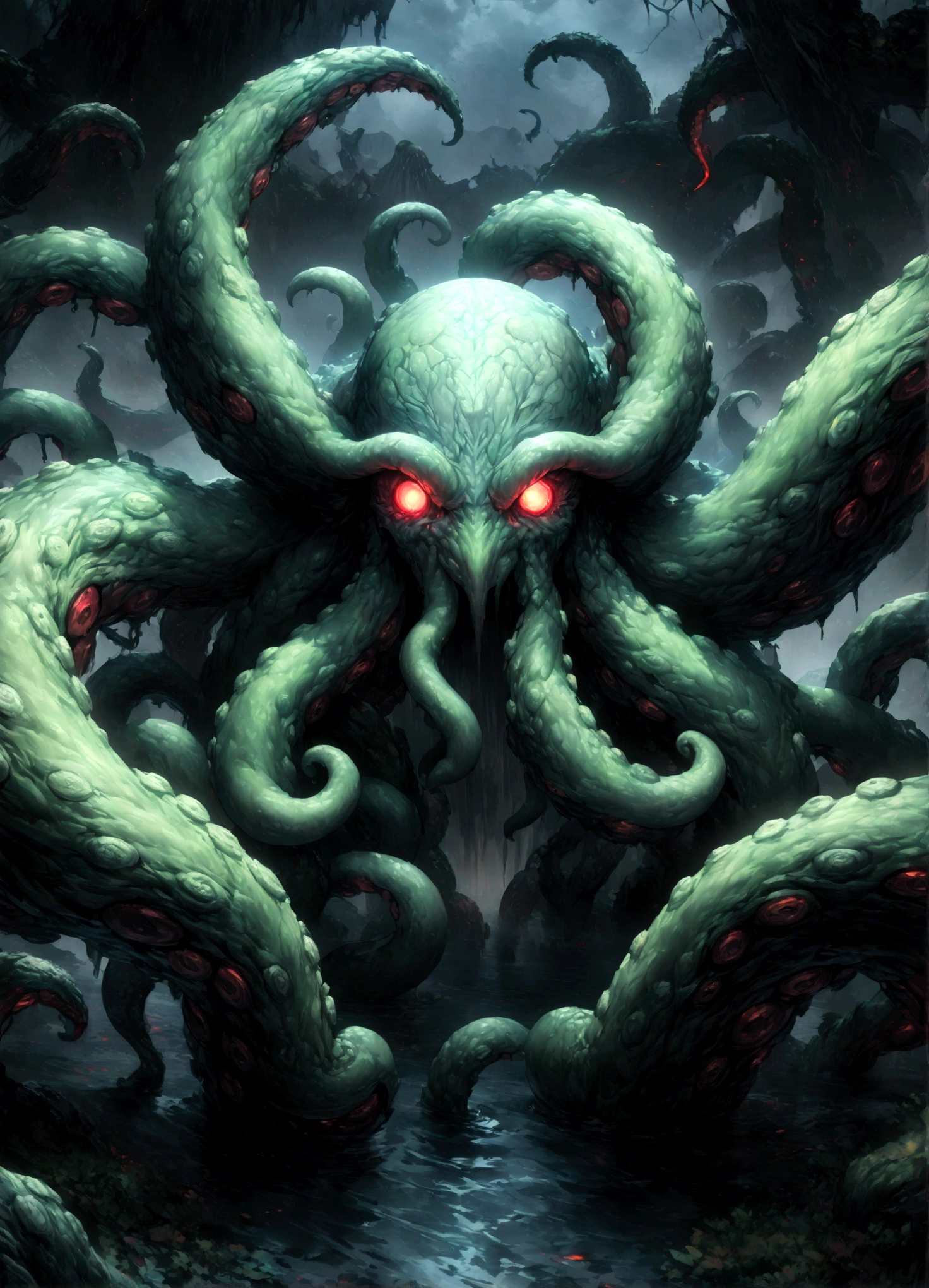 A dark fantasy scene depicting the terrifying creature Cthulhu, emerging from the abyss. The monstrous figure, shrouded in shadows, has large, menacing tentacles reaching out toward the viewer. The atmosphere is eerie and foreboding, with a stormy, nightmarish sky filled with swirling dark clouds. The sea below is turbulent and foamy, reflecting the chaos above. Dim, ghostly lights illuminate parts of Cthulhu’s form, enhancing the horror. The viewer feels an intense sense of dread as the tentacles draw nearer, creating a gripping, immersive experience.,(masterpiece:1.3),(highest quality:1.4),(ultra detailed:1.5),High resolution,extremely detailed,unity 8k wallpaper,