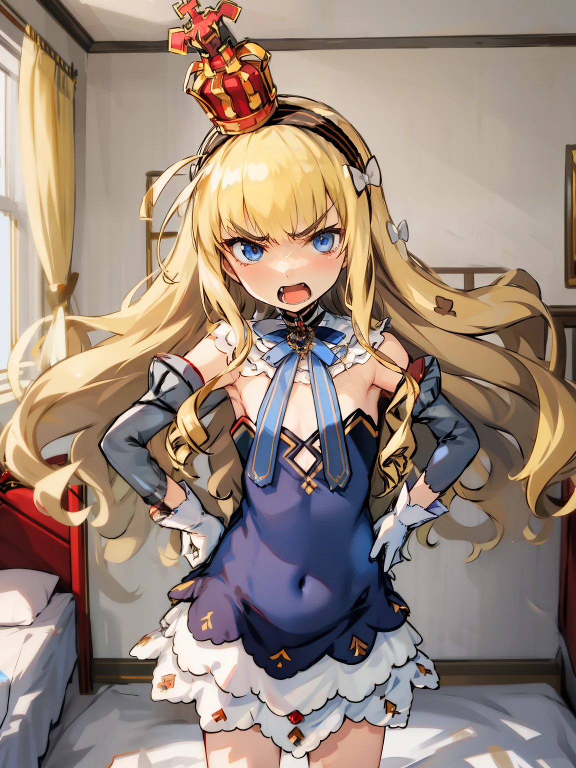 eqlc, 1girl, long hair, solo, strapless dress, blonde hair, crown, blue eyes, hairband, looking at viewer, white gloves, small breasts, flat chest, covered navel, bow, black hairband, detached sleeves, bangs, mini crown, detached collar, angry face,  open mouth, hands on hips, in the bedroom, standing 