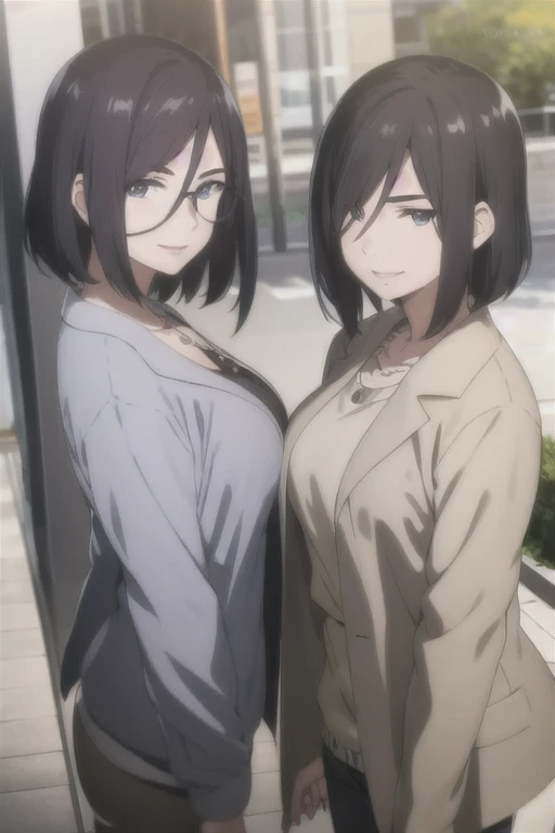 masterpiece, (best quality), 1woman,1girl, izumi_nase, black hair, short hair, purple eyes, jewelry,pearl necklace, jacket, white shirt, sexy woman, mole under mouth, smile, blush,perfect proportions, vibrant colors ,natural lighting ,RTX, , beautiful, (detailed face:1.2), breasts, showcase, (perfect eyes:1.1) ,(photorealistic:1.1), 8k uhd, looking a viewer, outdoors, simple backround, (perfect fingers), glasses