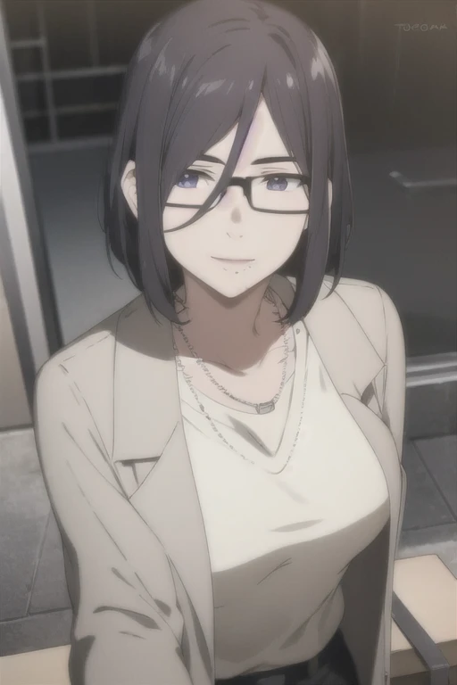 masterpiece, (best quality), 1woman,1girl, izumi_nase,  black hair, short hair, purple eyes, jewelry,pearl necklace, jacket, white shirt, sexy woman, mole under mouth, smile, blush,perfect proportions, vibrant colors ,natural lighting  ,RTX,  , beautiful, (detailed face:1.2), breasts, showcase, (perfect eyes:1.1) ,(photorealistic:1.1), 8k uhd,  looking a viewer, outdoors,  simple backround, (perfect fingers), glasses