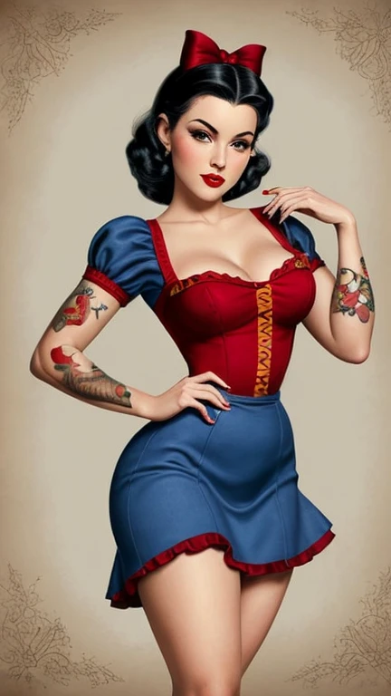 Detailed and realistic depictions of Snow White, irradiando um estilo pin-up distinto. Vestido com minissaias, Meias, e saltos, Their clothes reflect the iconic colors of their traditional clothes, ensuring that they are instantly recognizable as their respective characters. While the classic features are present, The pin-up talent is undeniable. Artistic tattoos give a contemporary touch. Their postures and expressions, combinado com seu traje pin-up, create a fusion of classic Disney and vintage allure.