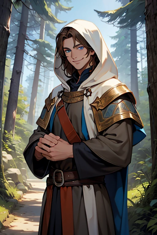 A handsome smiling cleric in medieval times with blue eyes and brown long hair wearing a hood surrounded by a forest with sunny day