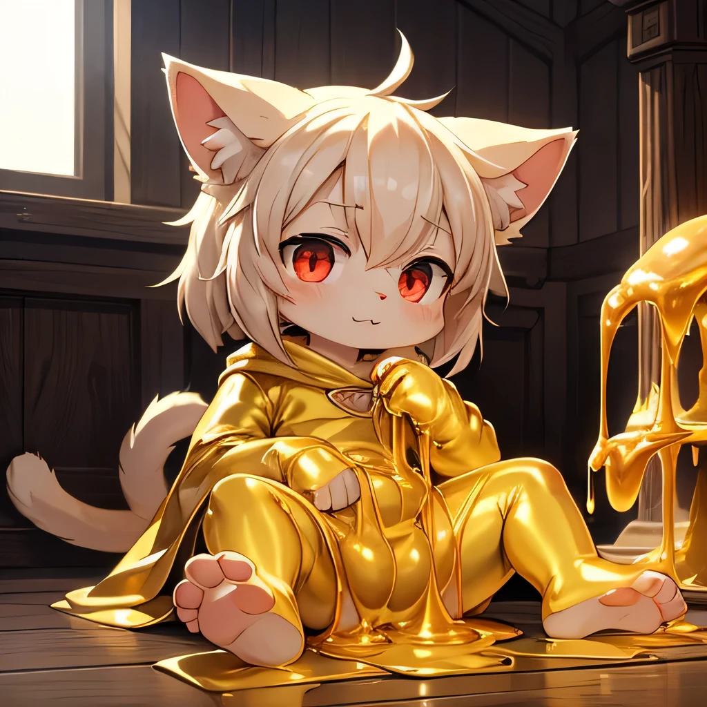 (best quality, high resolution, masterpiece:1.2), Super detailed, A male white cat wearing a diaper, Red pupils, Cat ears, Cat nose, Soaked in golden slime, Entering the mucus, The whole body is covered with golden slime, Golden Slime, Background full of golden slime, Slime dripping from the roof, Top rated on Pixiv, Cartoon character sitting on the floor covered with golden slime, Liquid dripping on the floor, Covered with shiny gold oil, Character covered in liquid, Ink art anime , cute anime, cartoon, Animated visual of cute cats, Popular topics on artstation pixiv, Gold clothes, Beautiful anime, 4K, 8k