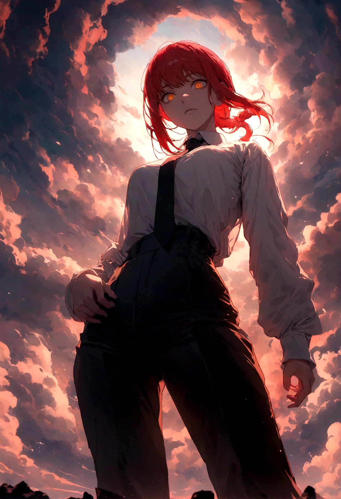 masterpiece, best quality, very aesthetic, absurdres,
makima_(chainsaw_man),chainsaw_man, 1girl, red_hair, ringed_eyes, yellow_eyes, white_shirt, black_necktie, black_pants, high-waist_pants, long_sleeves, sky, solo, standing, cloud, cloudy_sky, from_below,looking_at_viewer, outdoors,