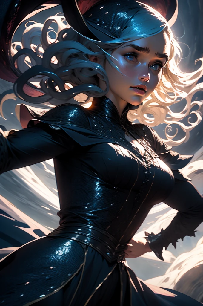 Emilia Clarke as a beautiful witch in the clouds fighting tentacles
