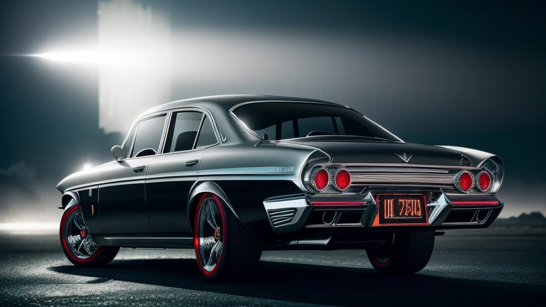 1960s luxury sedan, rear view, futuristic fantasy, epic sci-fi scene, intricate detailed design, glossy metallic body, glistening chrome accents, dramatic lighting, moody atmosphere, cinematic composition, photorealistic rendering, masterpiece, (best quality,8k,highres,masterpiece:1.2),ultra-detailed,(realistic,photorealistic,photo-realistic:1.37),cinematic lighting,dramatic shadows,volumetric fog,glowing energy field,gleaming chrome,aerodynamic body,intricate details,sleek and stylish