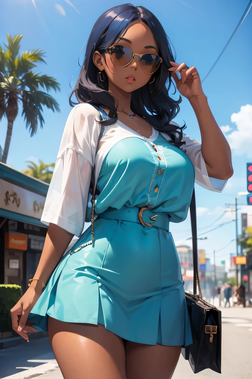 1 girl, single girl, cute, dark skin, tan skin, wavy blue hair, turquoise eyes, big breasts, wide hips, short going out dress, sunglasses, fashion bags, clothing store