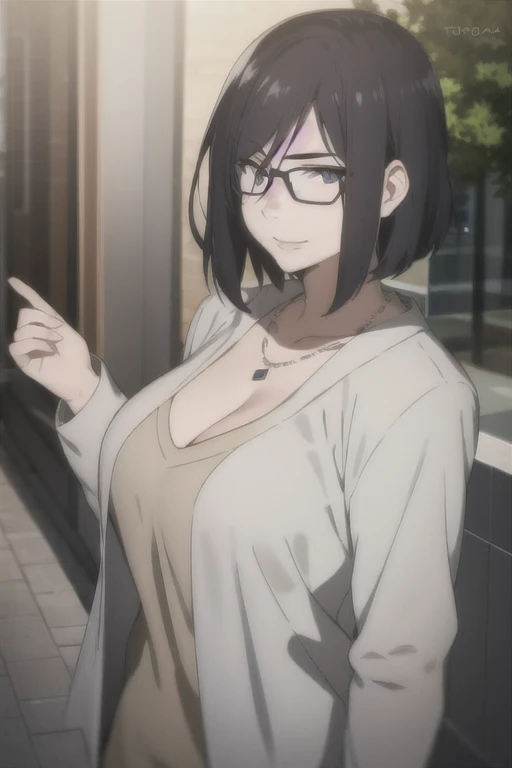 masterpiece, (best quality), 1woman,1girl, izumi_nase,  black hair, short hair, purple eyes, jewelry,pearl necklace, jacket, white shirt, sexy woman, mole under mouth, smile, blush,perfect proportions, vibrant colors ,natural lighting  ,RTX,  , beautiful, (detailed face:1.2), breasts, showcase, (perfect eyes:1.1) ,(photorealistic:1.1), 8k uhd,  looking a viewer, outdoors,  simple backround, (perfect fingers), glasses, cleavage