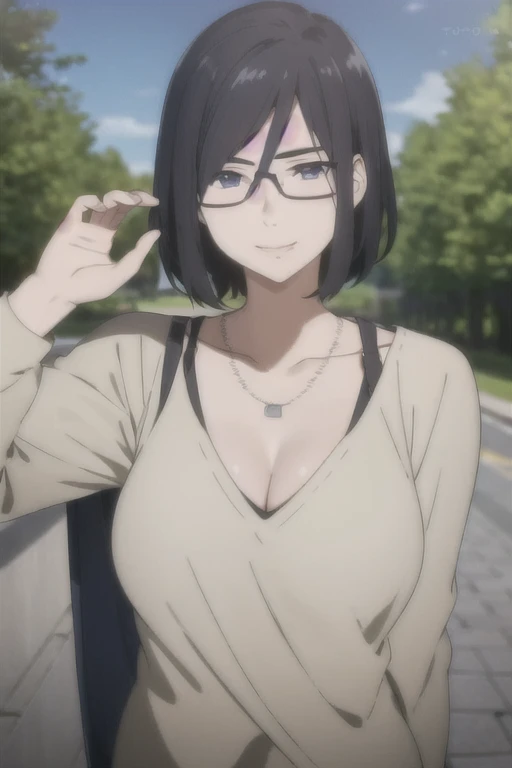 masterpiece, (best quality), 1woman,1girl, izumi_nase, black hair, short hair, purple eyes, jewelry,pearl necklace, jacket, white shirt, sexy woman, mole under mouth, smile, blush,perfect proportions, vibrant colors ,natural lighting ,RTX, , beautiful, (detailed face:1.2), breasts, showcase, (perfect eyes:1.1) ,(photorealistic:1.1), 8k uhd, looking a viewer, outdoors, simple backround, (perfect fingers), glasses, cleavage
