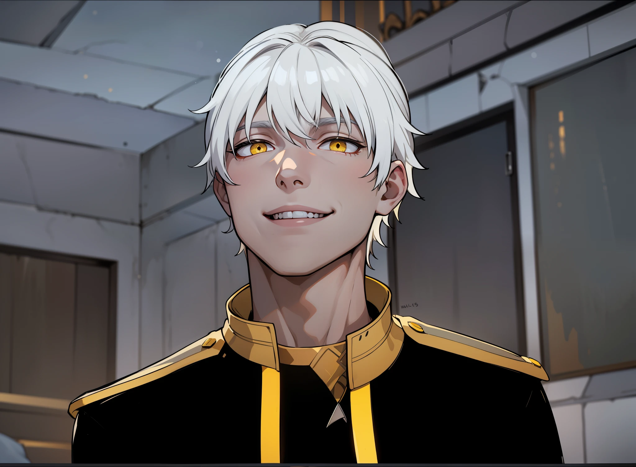 He smiles evilly with malice he is evil he is a young boy of 16 years old white hair yellow eyes he is smiling very madly very evilly