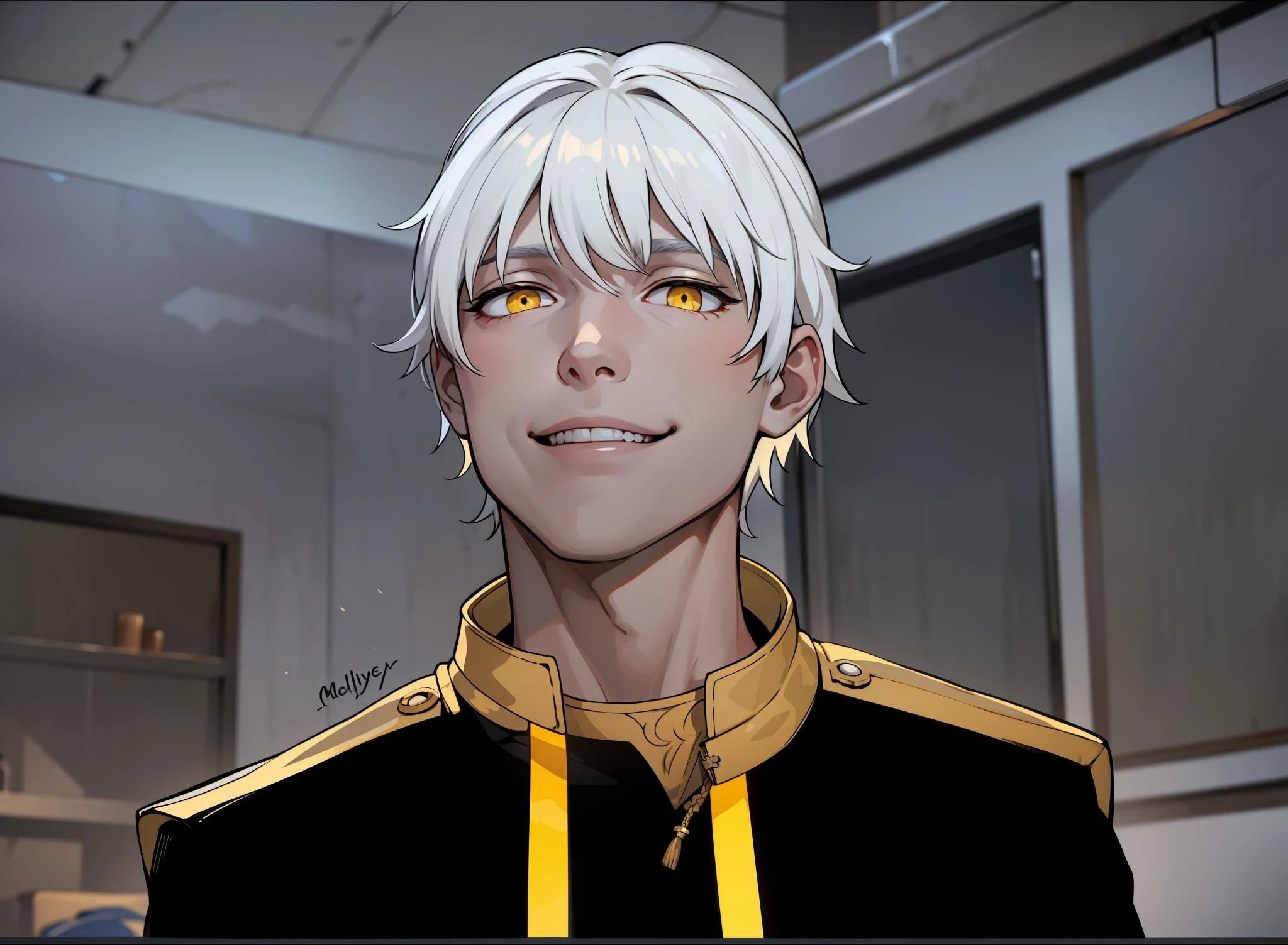 He smiles evilly with malice he is evil he is a young boy of 16 years old white hair yellow eyes he is smiling very madly very evilly