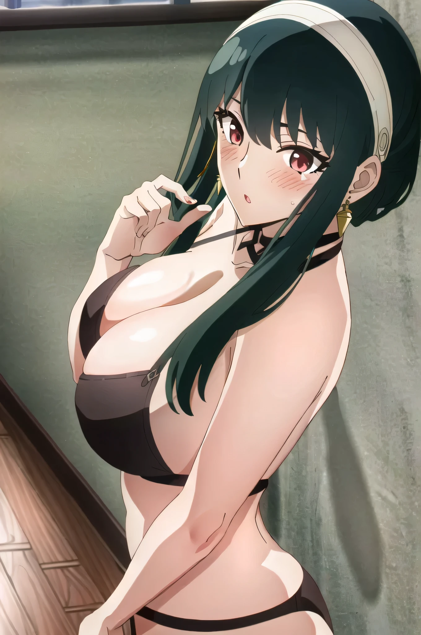((extremely detailed CG unity 4k wallpaper)),(masterpiece),(ultra quality),(ultra-detailed),(best illustration),(best shadow),(Extremely Detailed),(absurdres),(detailed background), Yor Forger, y, 1girl, solo, blush, black hair, red eyes, hairband, jewelry, earrings, gold earrings, sidelocks, bangs, straddling, straddling viewer, naked, huge breasts, big breasts, black lingerie