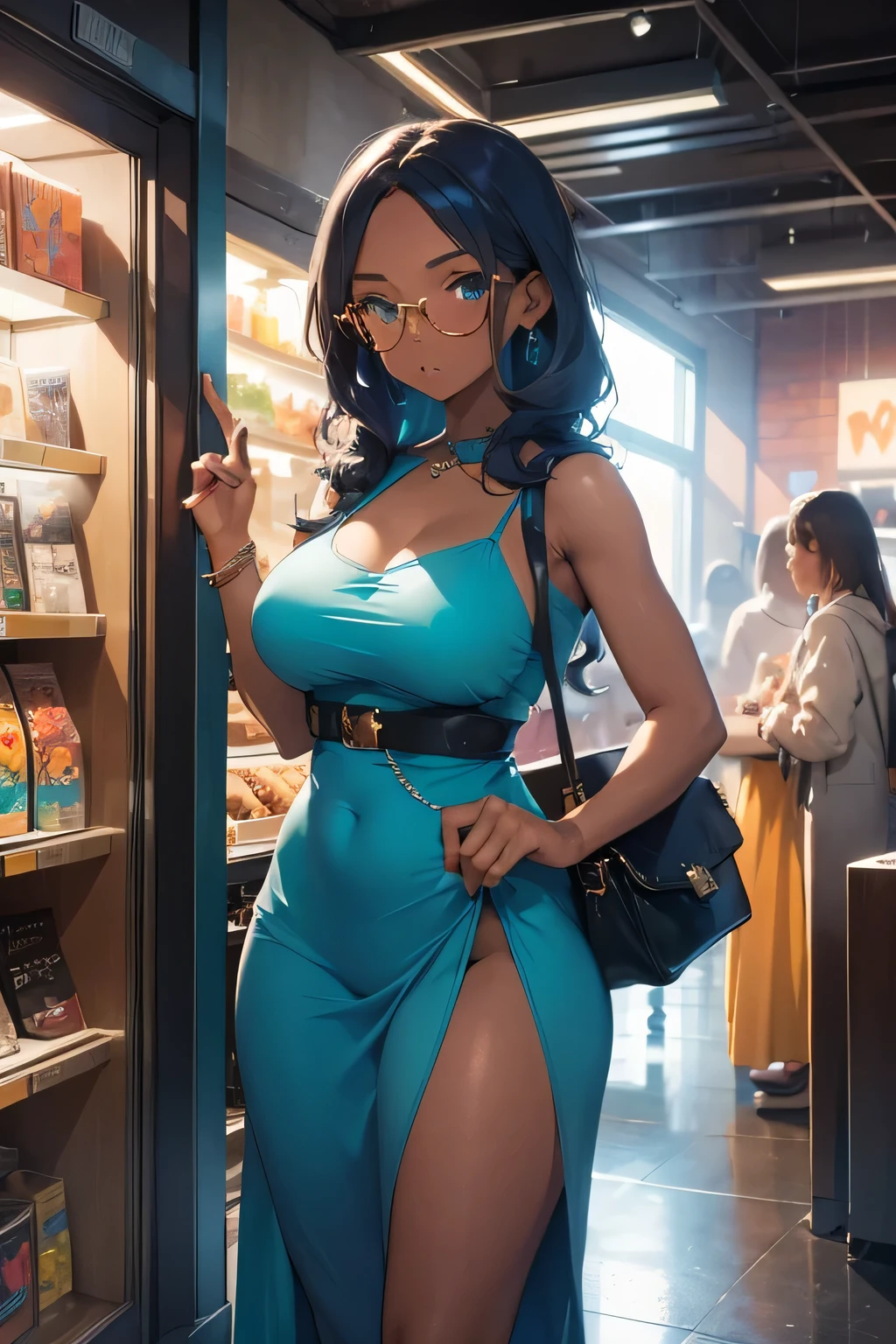 1 girl, single girl, cute, dark skin, tan skin, wavy blue hair, turquoise eyes, big breasts, wide hips, short going out dress, sunglasses, fashion bags, clothing store