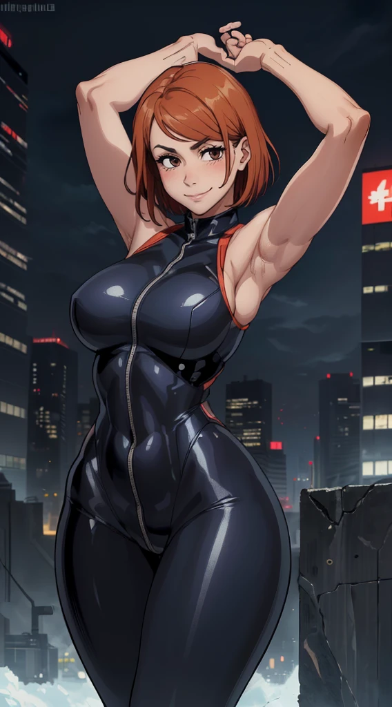 (melhor qualidade:1.3), (qualidade 4K), Nobara Kugisaki by jujutsu no kaisen, ((detailed face)),((smile)), ((curvy body)), (peitos grandes), sexy, (( cut hair)), ((body suit clivagem, sleeveless)), ((city)), arms up, armpits visible