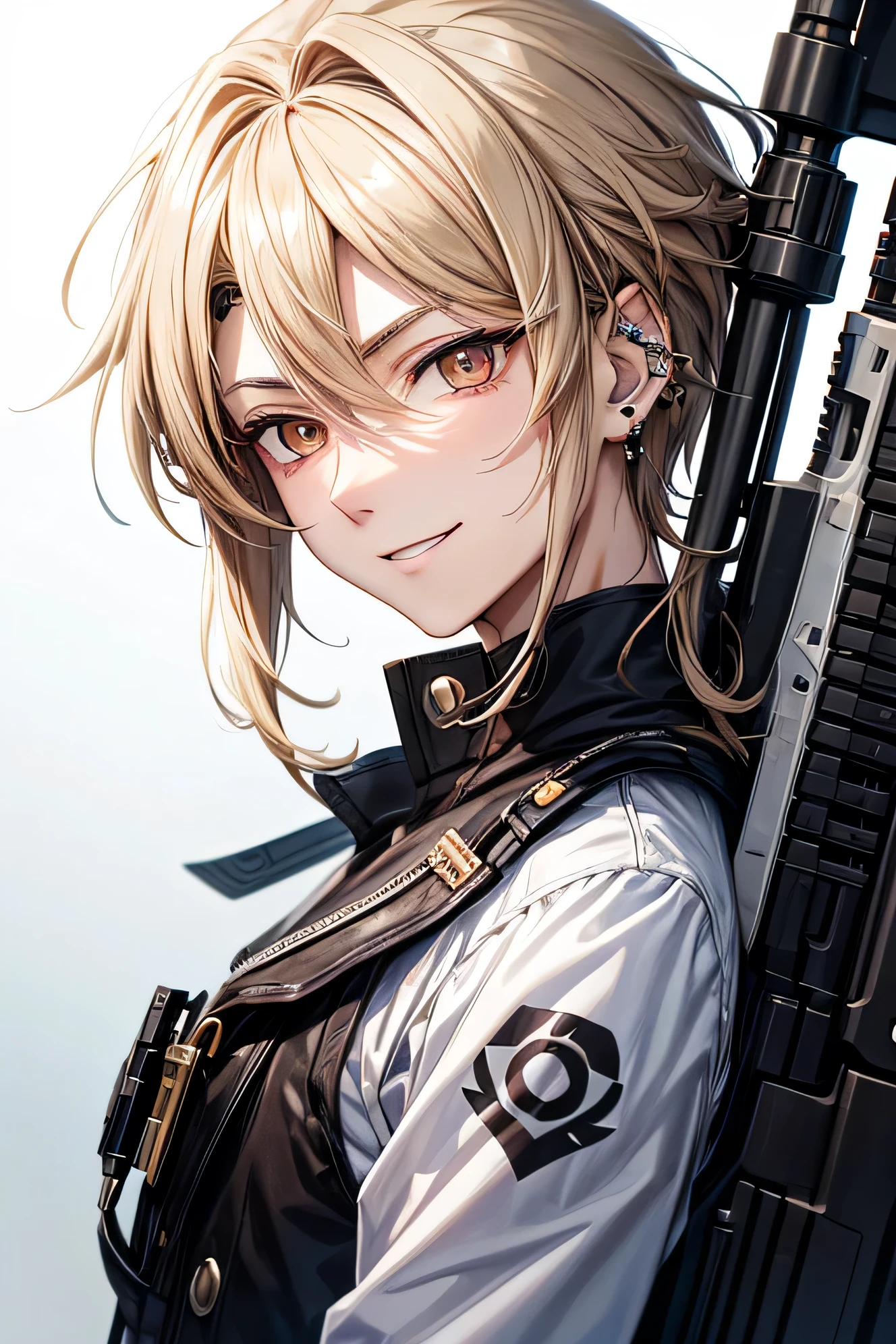 Anime guy with dark hair and piercings looking at camera, trigger anime art style, Male Anime Characters,Has an assault rifle、White background、Ultra-thin illustration, Very delicate and beautiful face and eyes, Dynamic Angle, , ,Blonde, Brown eyes, Cloudy Park, smile