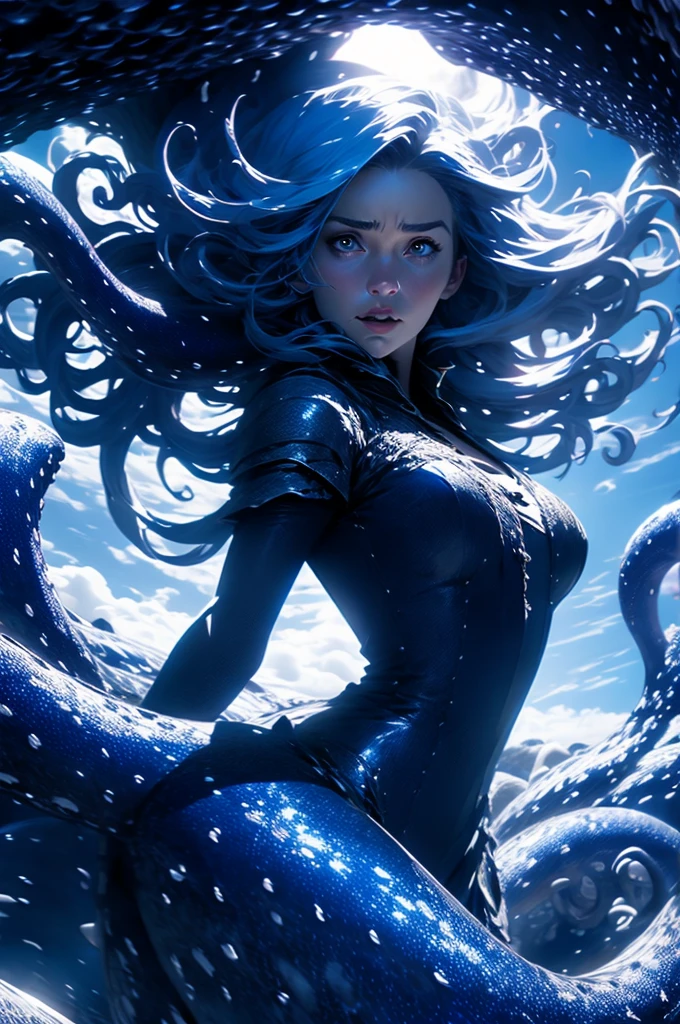 Emilia Clarke as a beautiful witch in a blue sky filled with clouds fighting tentacles, epic cinematic shot, wide
