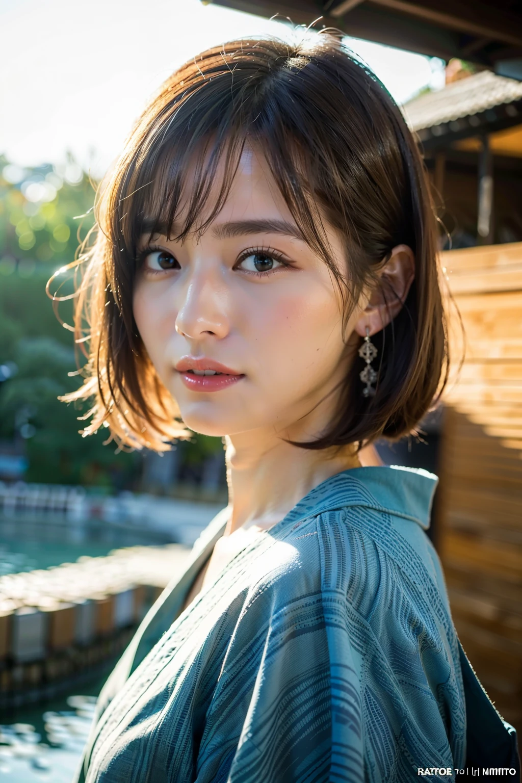 Close-up photo of a girl, short hair, Blonde, wear Kimono, Hot spring in the background, Natural hot springs of the highest quality, Realistic, photoRealistic, (Intricate details:1.2), (Delicate and detailed), (Cinematic Light, Top quality backlighting), Clear lines, Sharp focus, Realistic face, Detailed face unification 8k wallpaper, Ultra-high resolution, (photoRealistic:1.4), View Viewer,