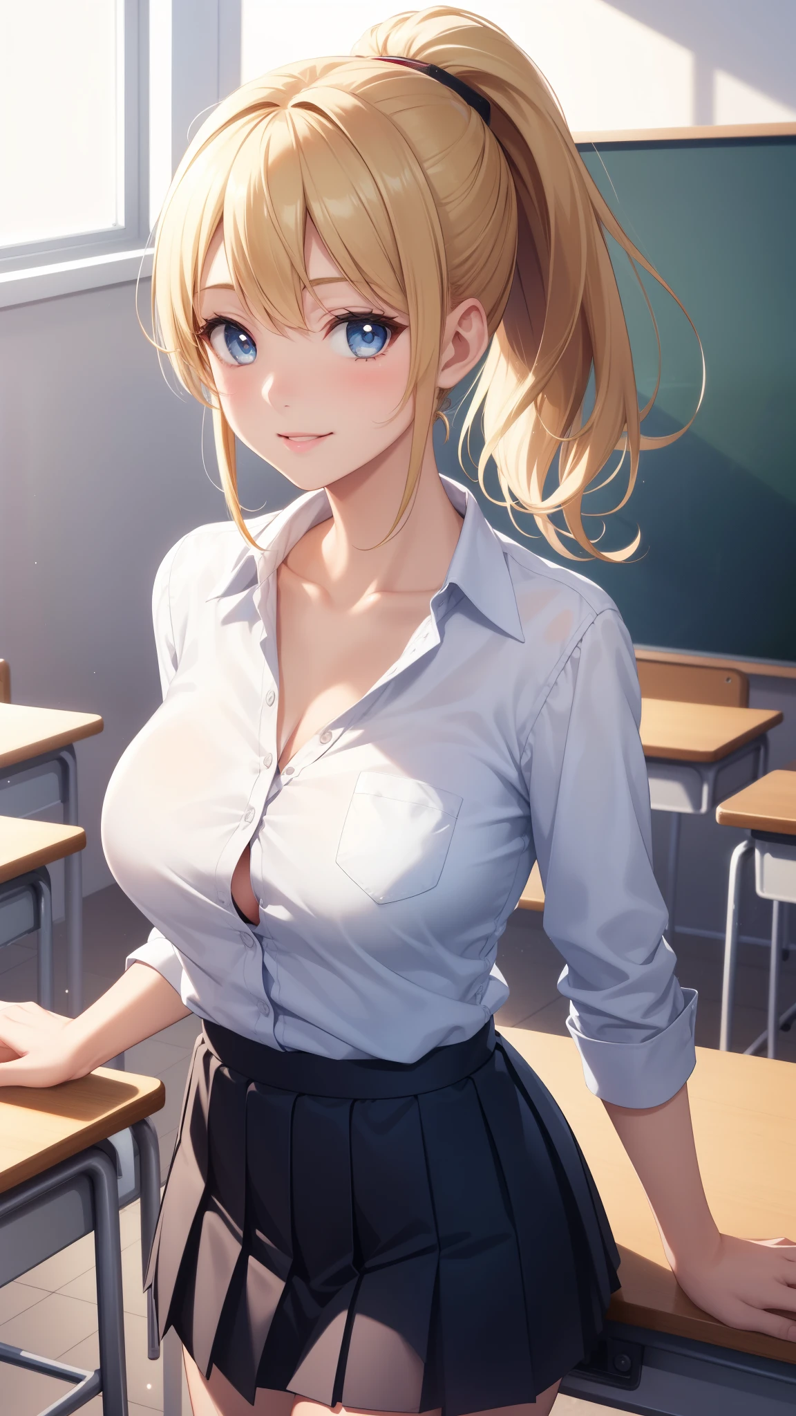 1girl, natural lighting, masterpiece, highly detailed, illustration, game CG, absurdres, high quality, aichan, large breasts, beautiful detailed eyes, medium blonde hair, ponytail, bangs, glossy lips, light smile, button-up shirt, pleated miniskirt, collarbone, school, classroom