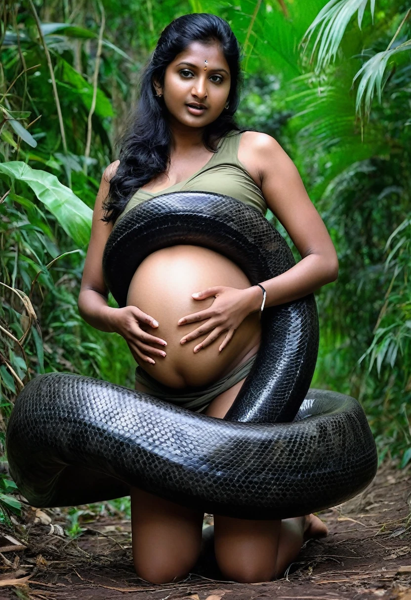 Pregnant Happy Horny, aroused 1girl), beautiful kneeling Indian girl with black giant colossal titanboa squeezing her hard, wrapped in thick spiraling coils, constricted, struggle, gasping for air, snake attack, snake peril, in the jungle