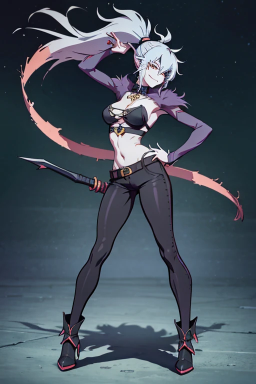 Wolfie, hells, girl1, solo, smiling, ponytail hair, leather pants, furry, hair, ears, (best quality 1.2)(Masterpiece 1.2)full body, park
