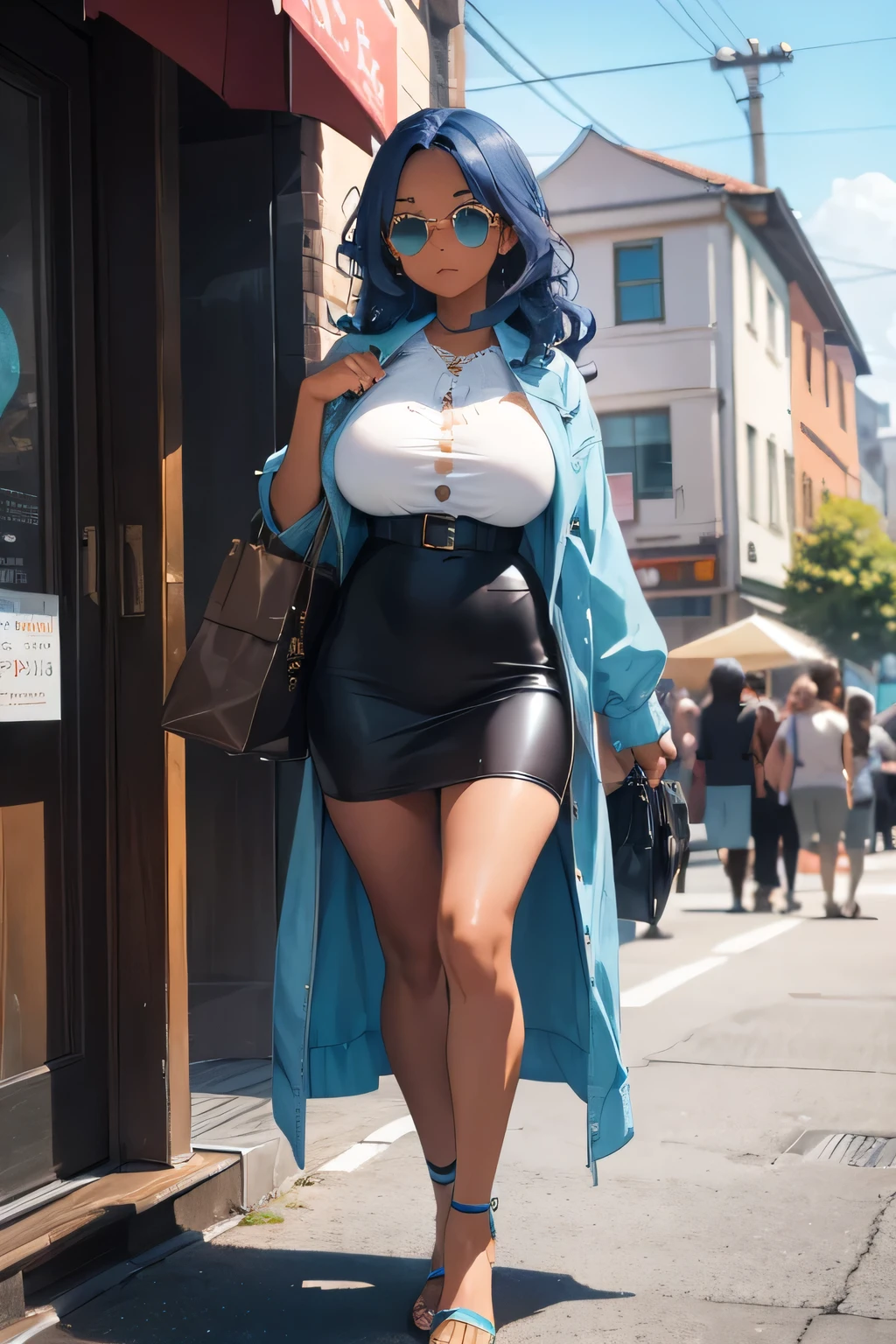 1 girl, single girl, cute, dark skin, tan skin, wavy blue hair, turquoise eyes, big breasts, wide hips, short going out dress, sunglasses, fashion bags, clothing store