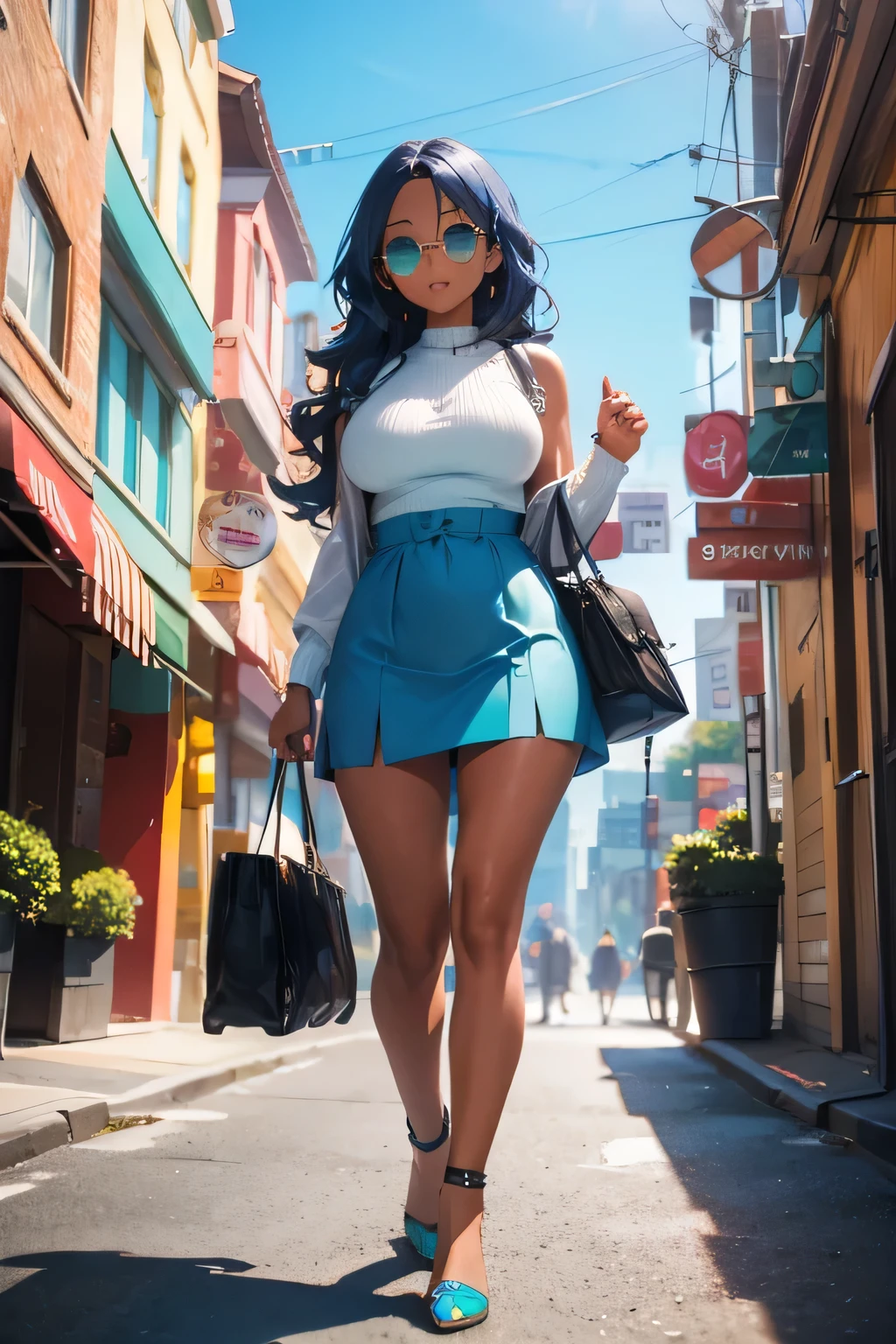 1 girl, single girl, cute, dark skin, tan skin, wavy blue hair, turquoise eyes, big breasts, wide hips, short going out dress, sunglasses, fashion bags, clothing store