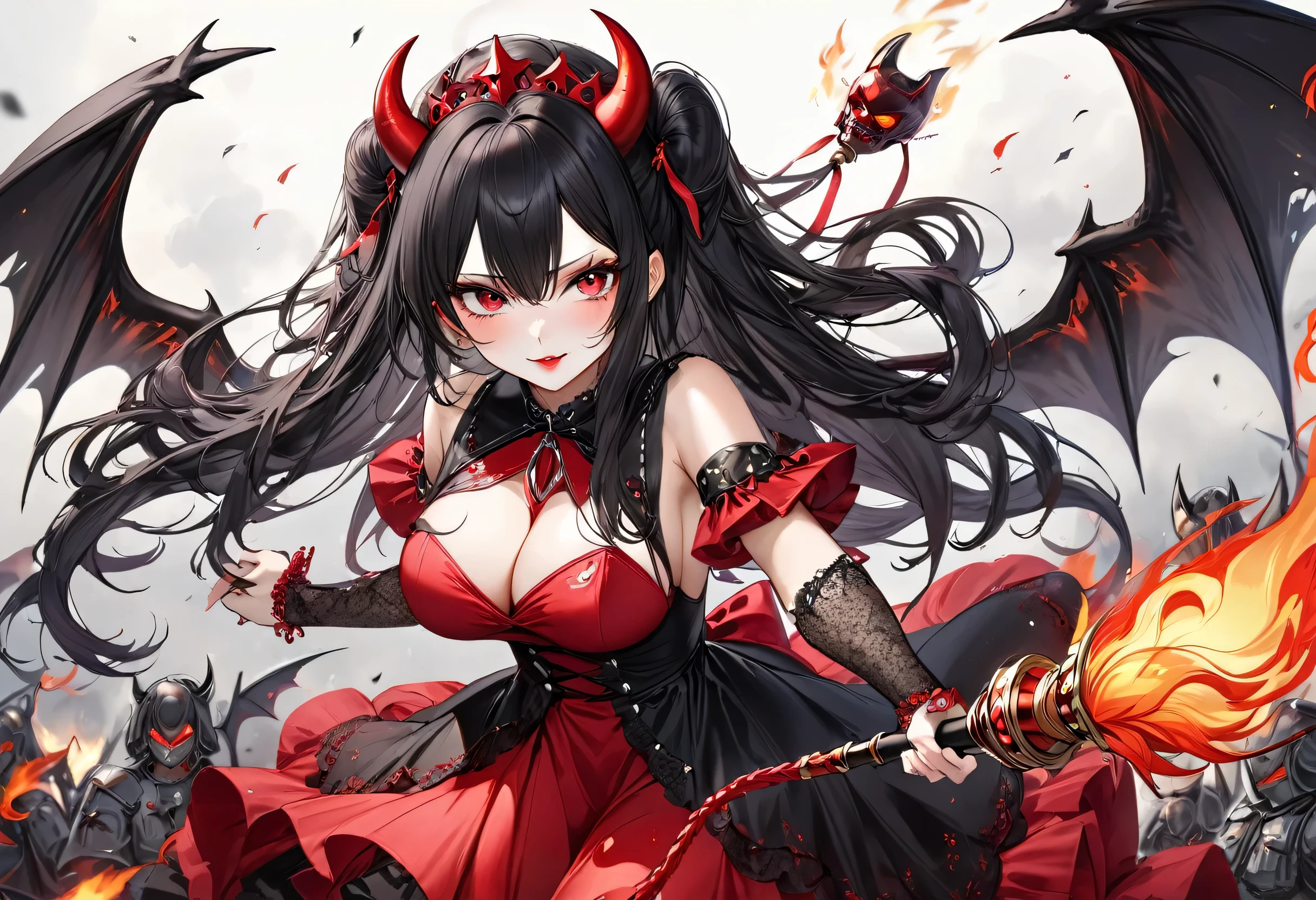 (devil princess style) (beautiful detailed Devil's Wings own back) (solo straight black hair long hair devil princess girl, beauty angry:1.3 eyes, make-up, Red lips, Captivating smile, big tits), (detailed cute devil dress), (hand holding a Flame Whip), break, (in the battle field), BREAK, perfect anatomy, masterpiece, best quality, 16k, beautiful detailed darkness, daydreaming expression.