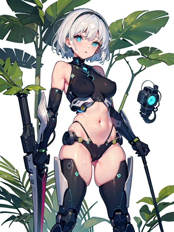 1 girl, high quality, (short hair), forehead, (medium breast), (straps on thighs:1.3), white background, plants, (stocking), (sweaty:1.1), (nipples:0.8), thick thighs, (middle Ages:1.2), (cameltoe:1.1), suit, stomach, (cyborg:1.2), (armor), white hair, hair band