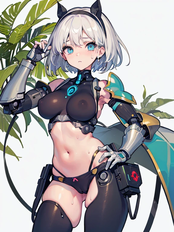 1 girl, high quality, (short hair), forehead, (medium breast), (straps on thighs:1.3), white background, plants, (stocking), (sweaty:1.1), (nipples:0.8), thick thighs, (middle Ages:1.2), (cameltoe:1.1), suit, stomach, (cyborg:1.2), (armor), white hair, hair band